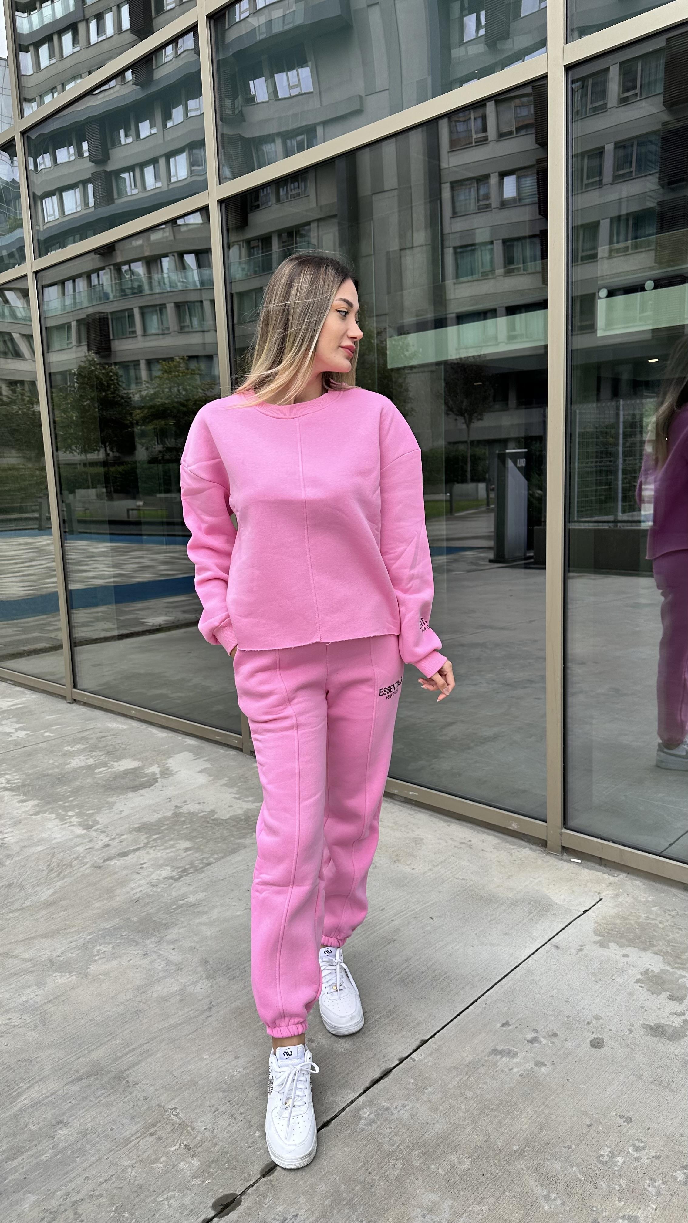 Kadın pembe 3 iplik şardonlu eşofman takımı