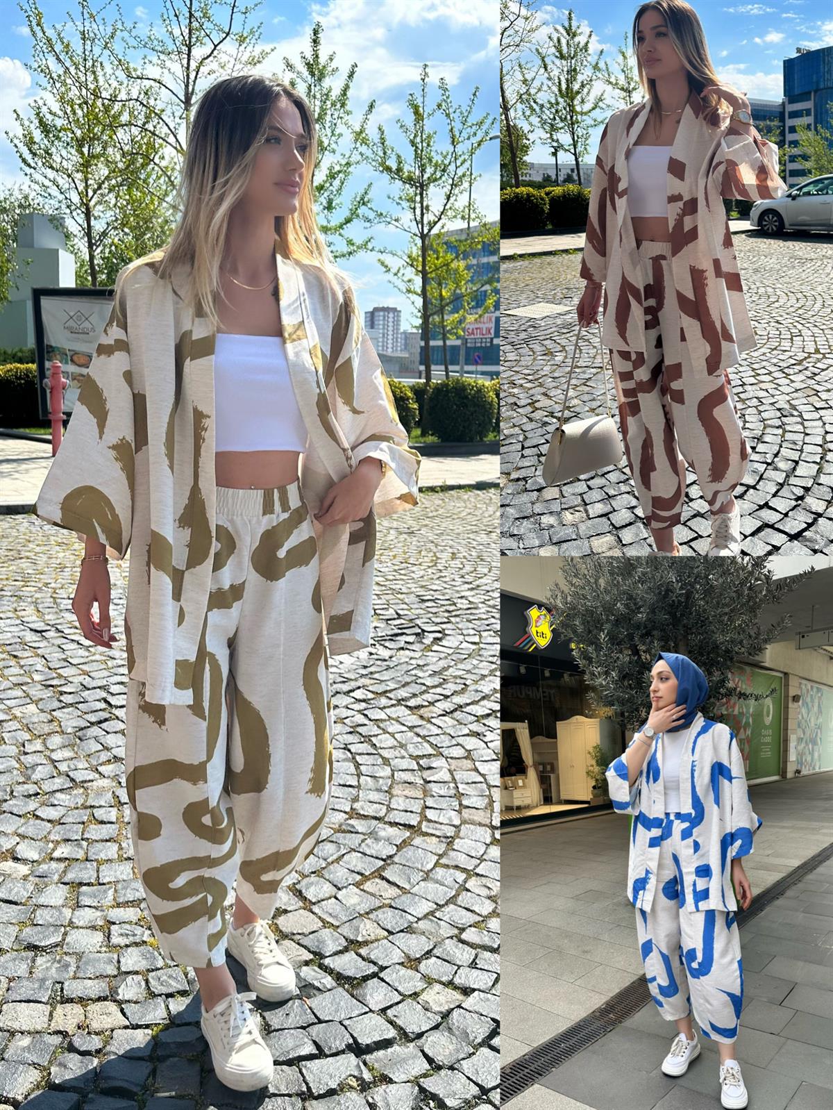 kadın renkli pantolon kimono takım