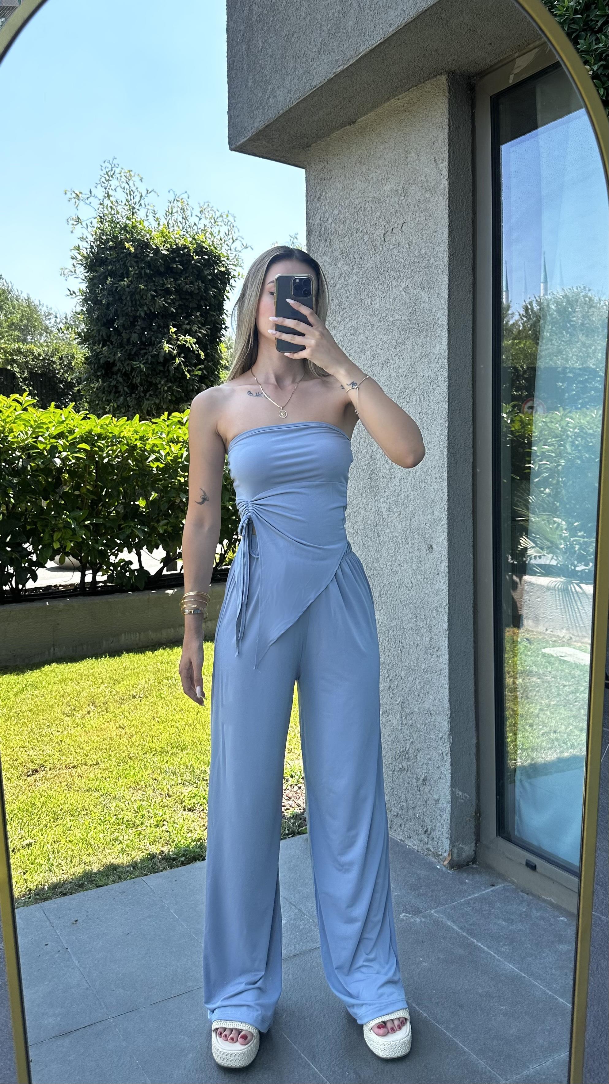 Kadın Sandy Kumaş Gri Straplez Crop Pantolon Takım