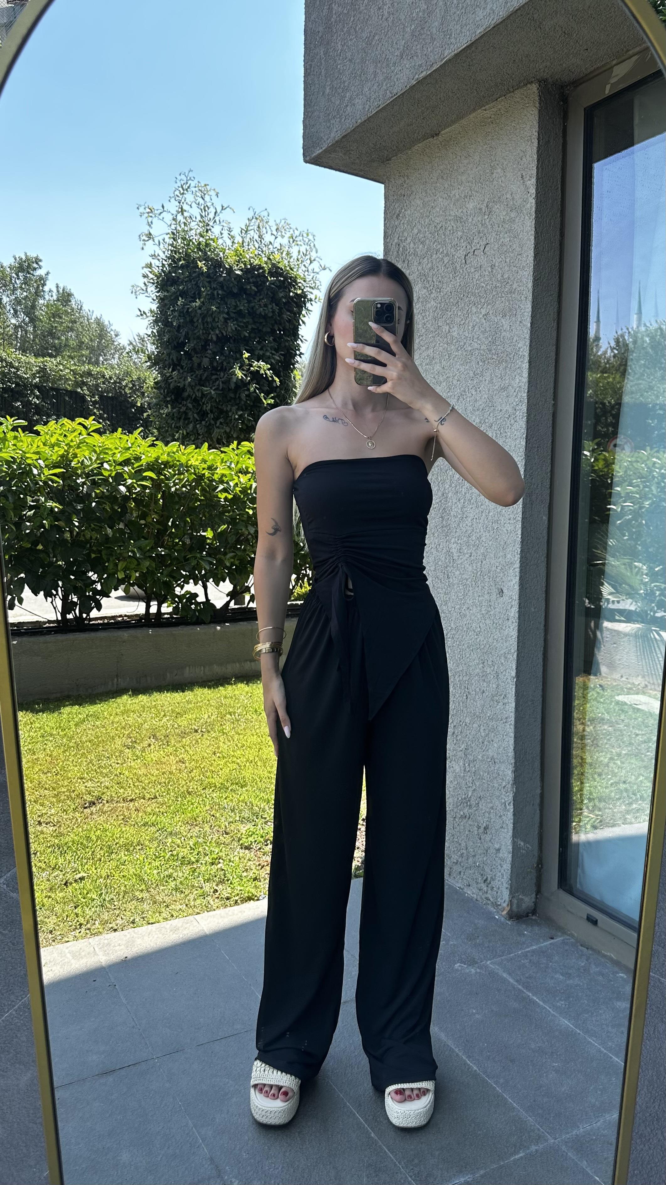 Kadın Sandy Kumaş Siyah Straplez Crop Pantolon Takım