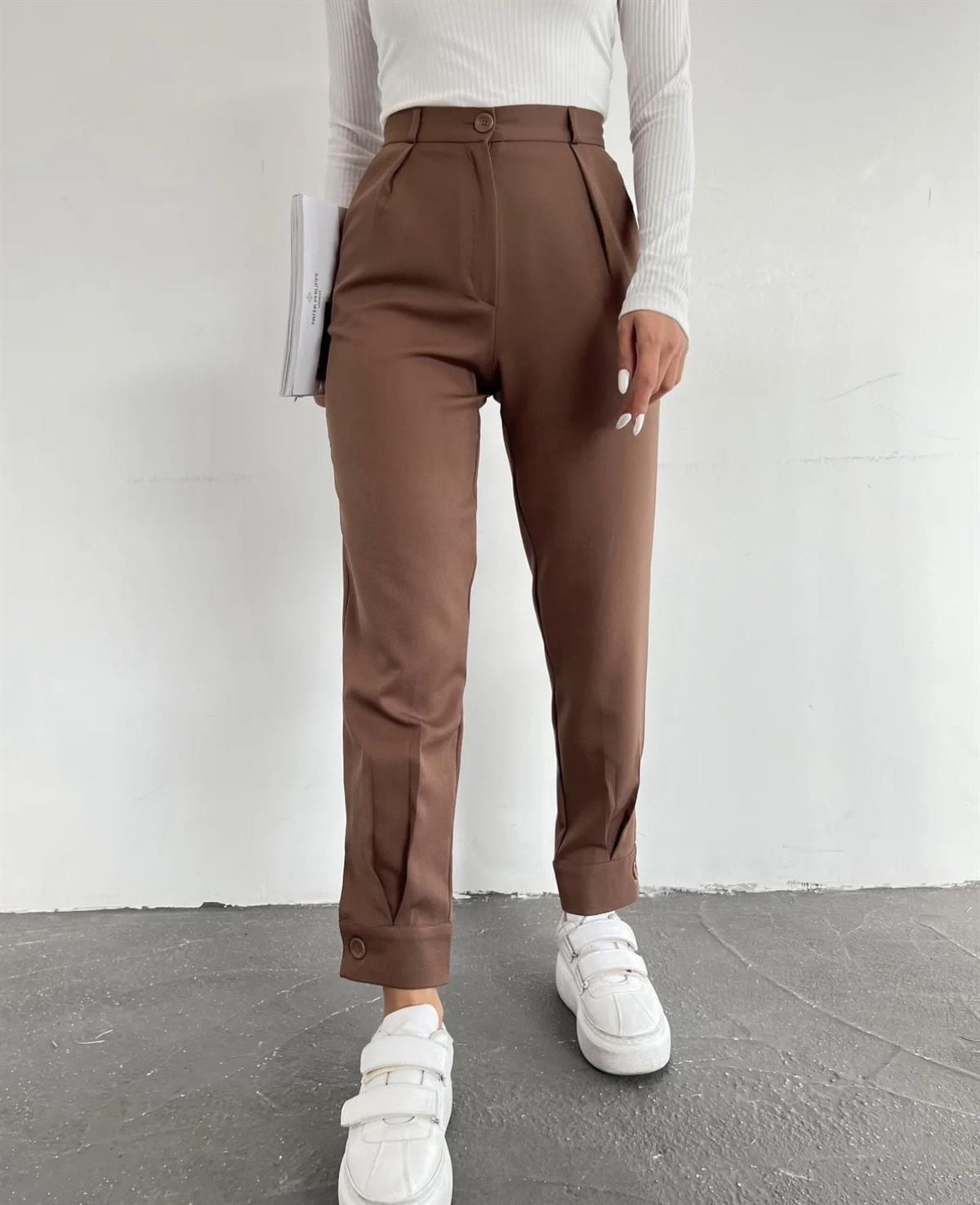 kahverengi manşet detaylı double paça pantolon