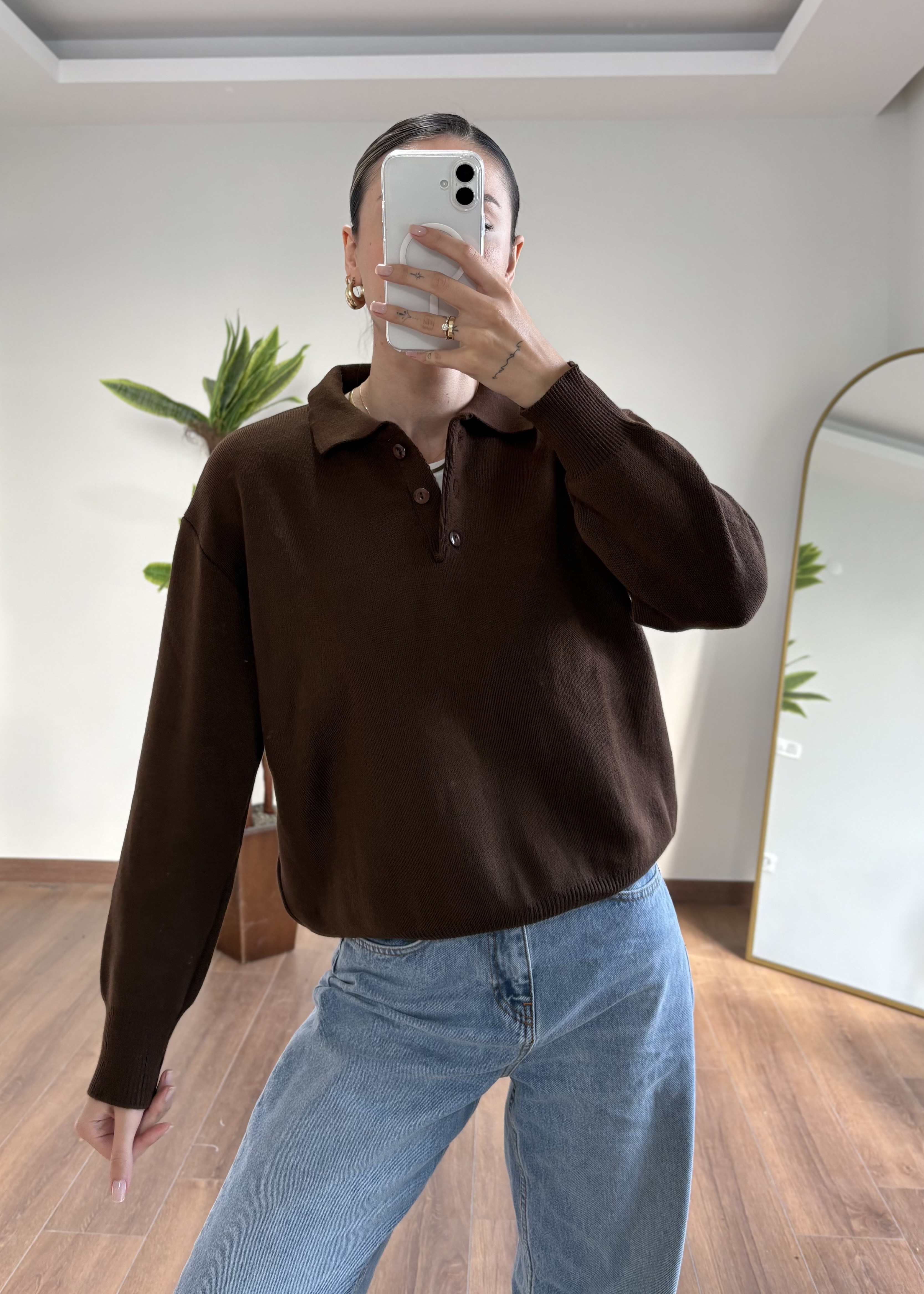 Kahverengi Polo Yaka Triko
