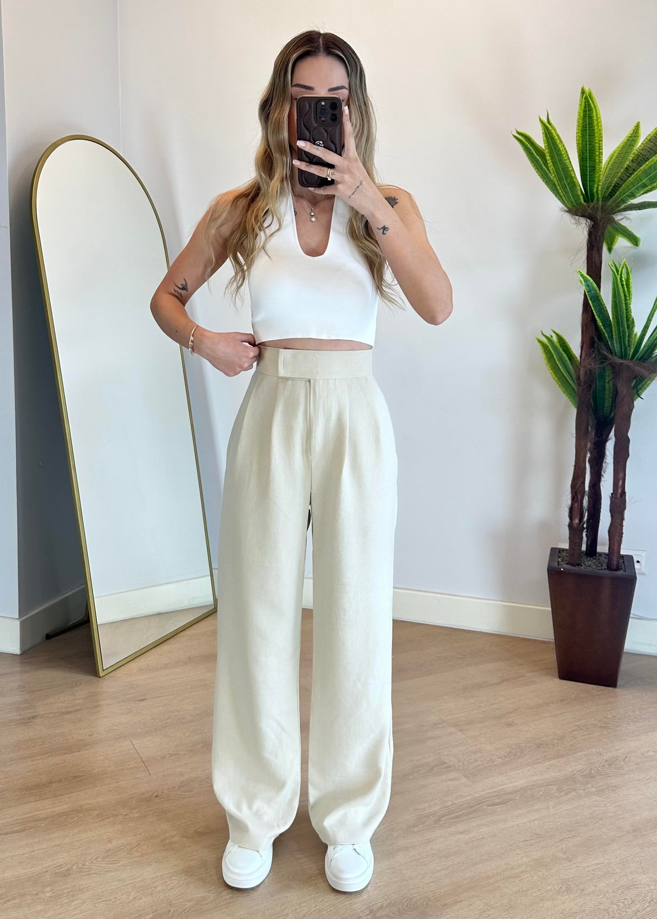 Kayli Krem Keten Palazzo Pantolon