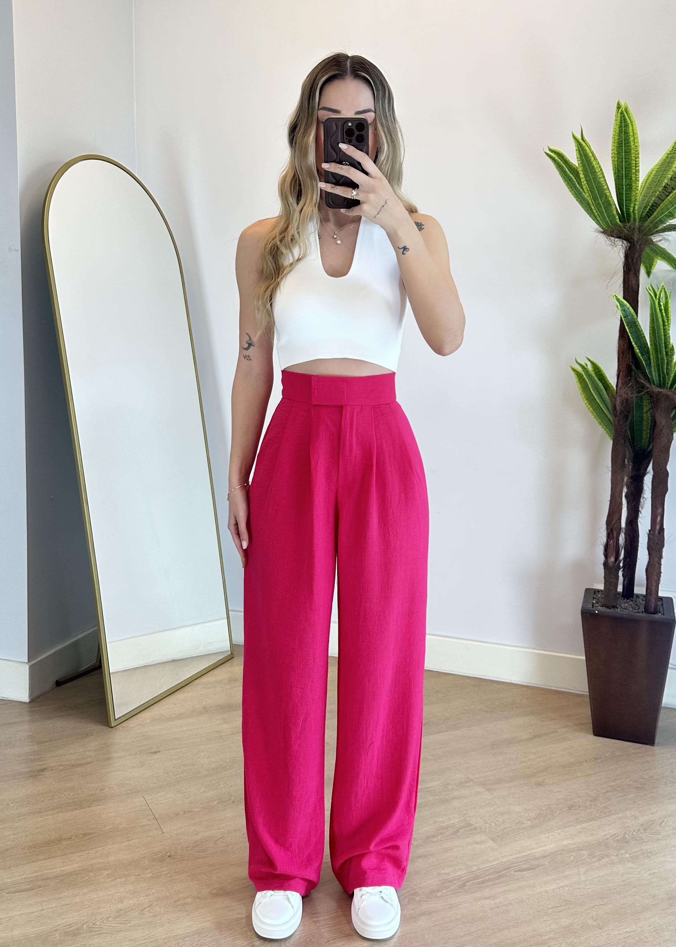 Kayli Pembe Keten Palazzo Pantolon