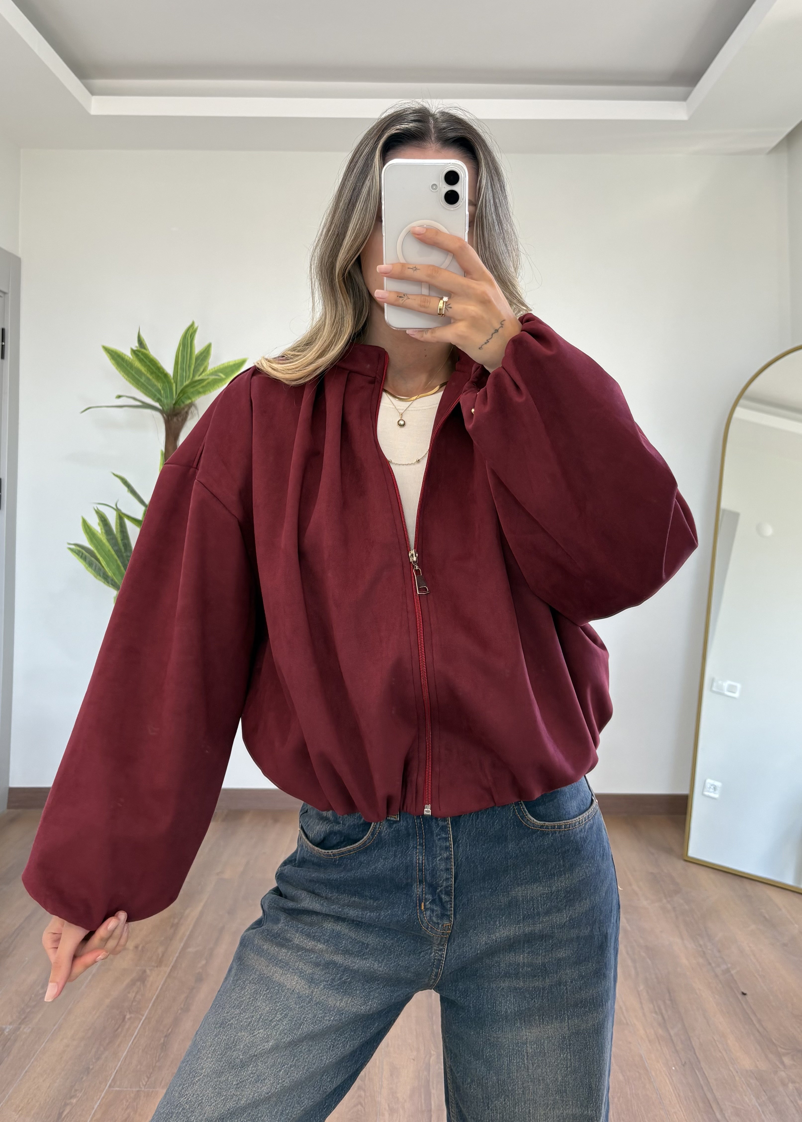 Laris Bordo Süet Bomber Ceket