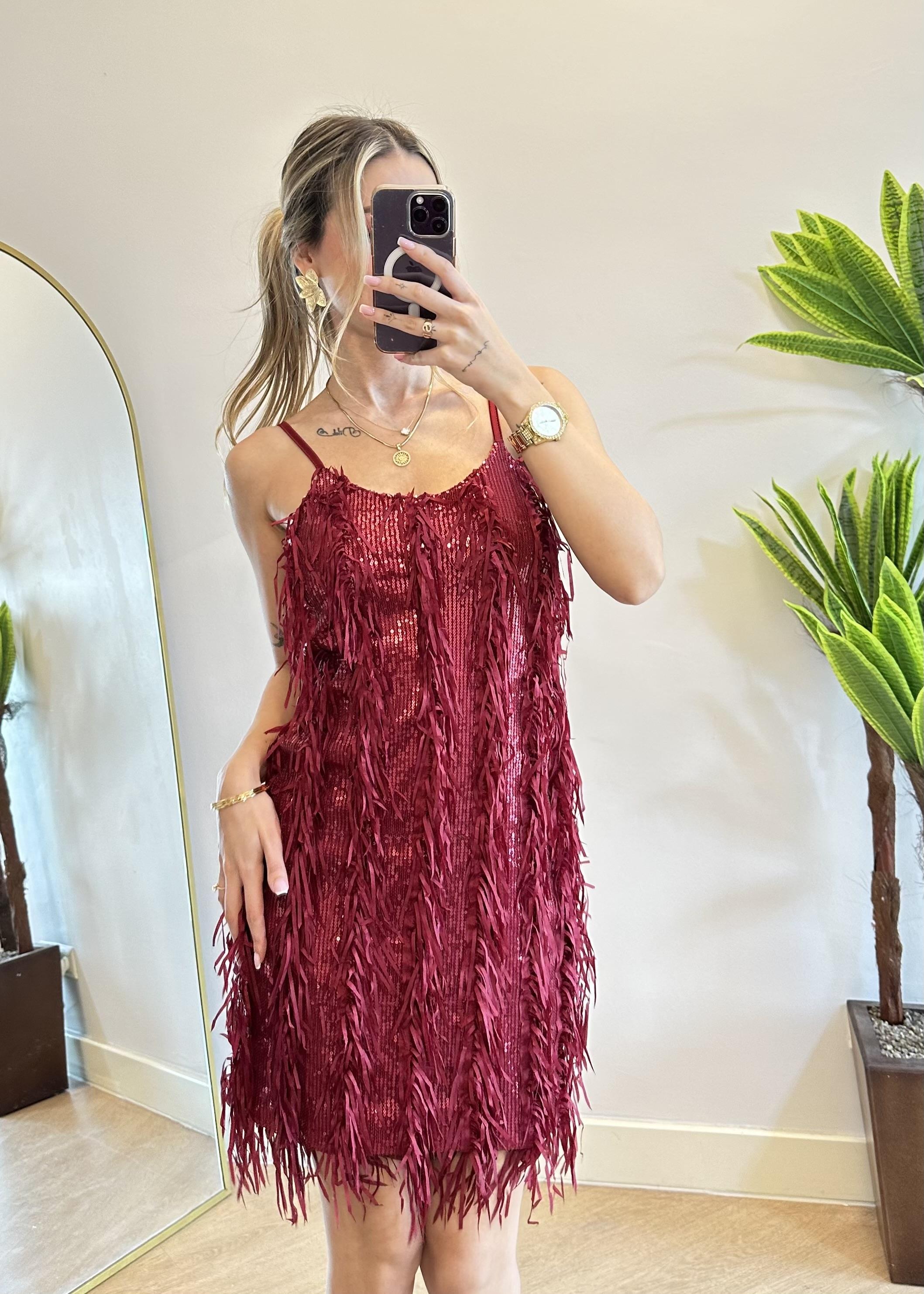 Lena İp Askılı Kırmızı Payetli Elbise