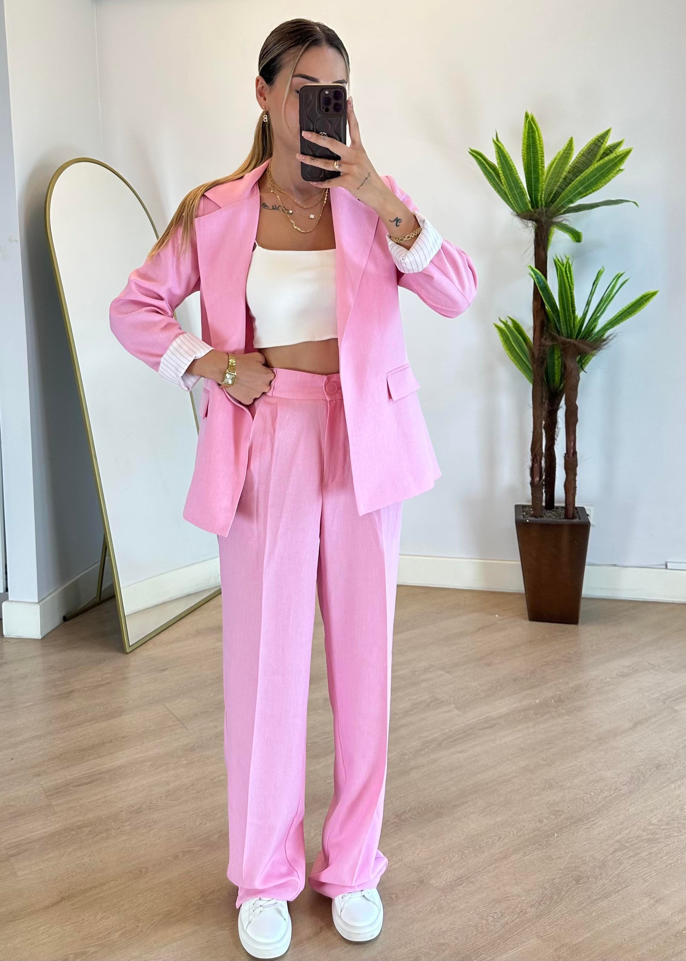 Luna Pembe Keten Ceket Takım