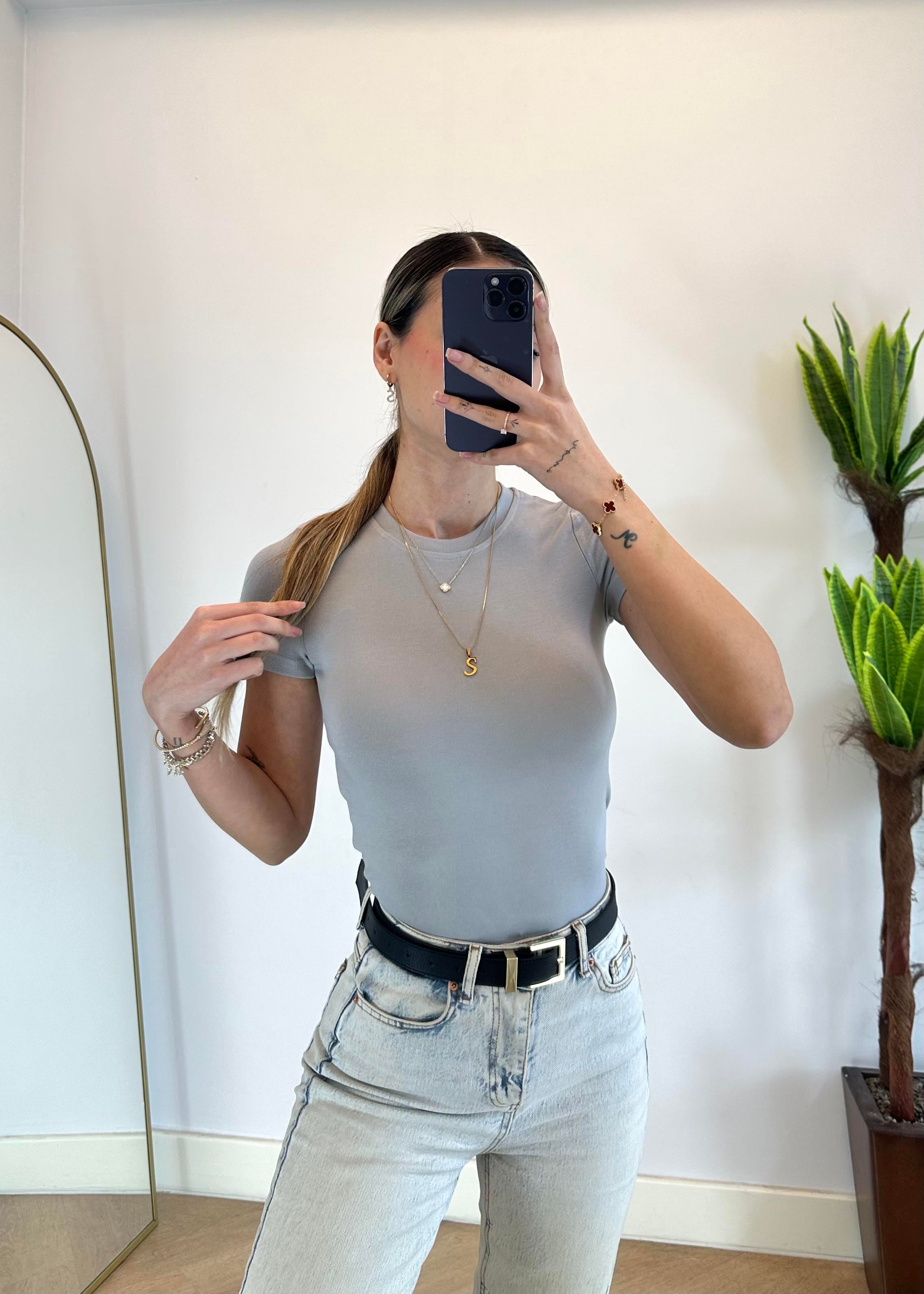 Mary Yarım Kollu Gri Pamuklu Body