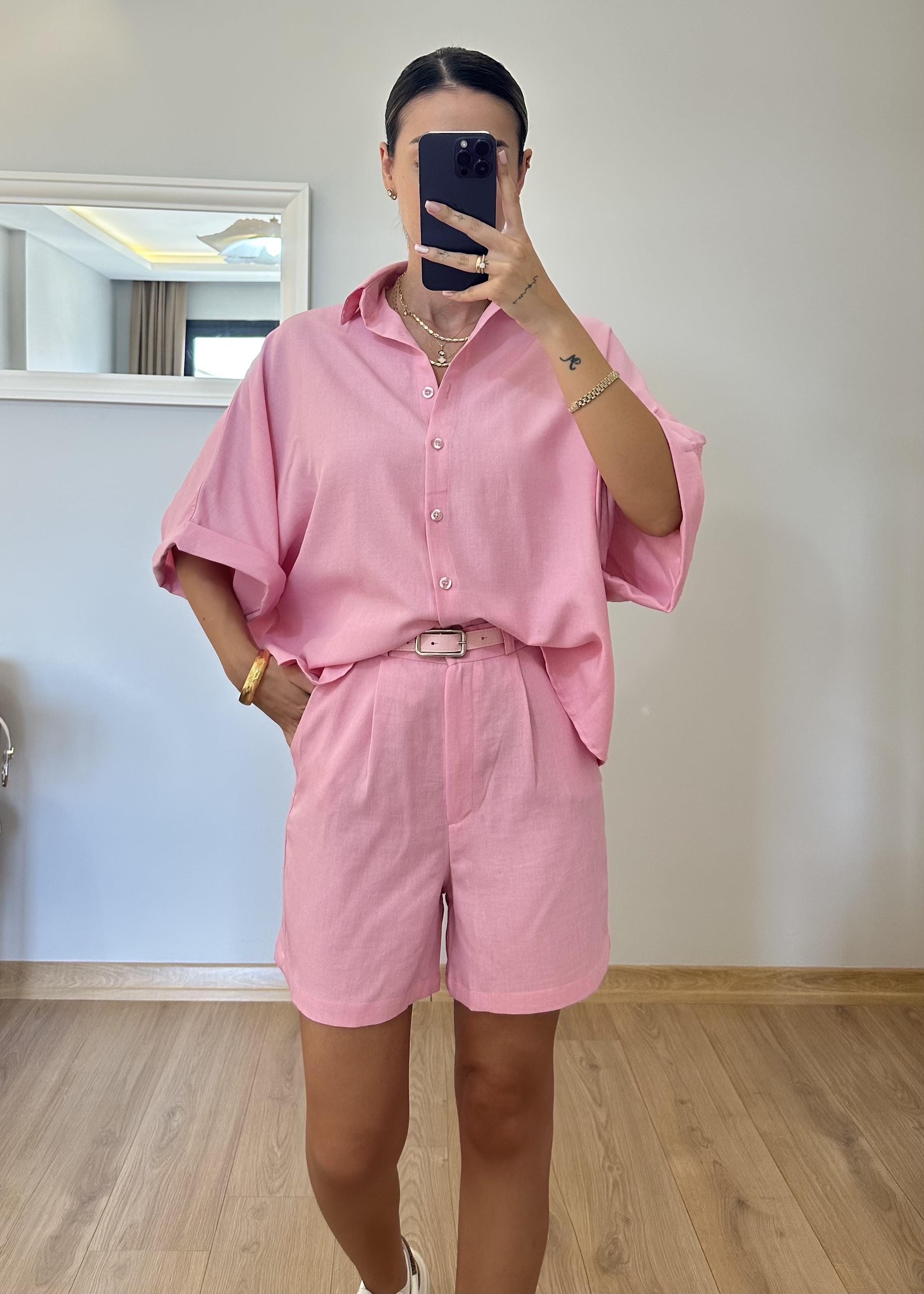 Mery Pembe Kemerli Şort Gömlek Takım