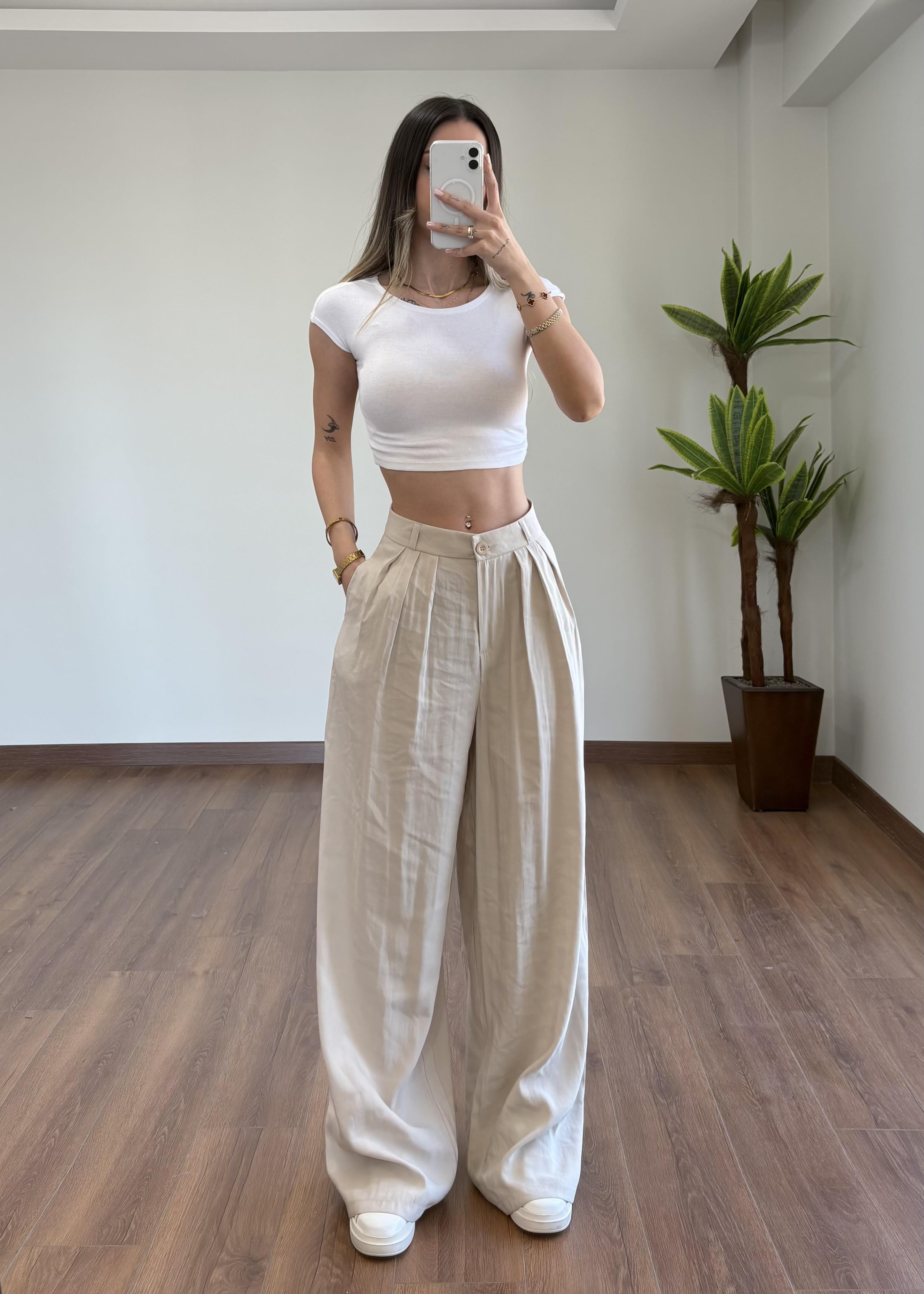 Modal Kumaş Krem Palazzo Pantolon