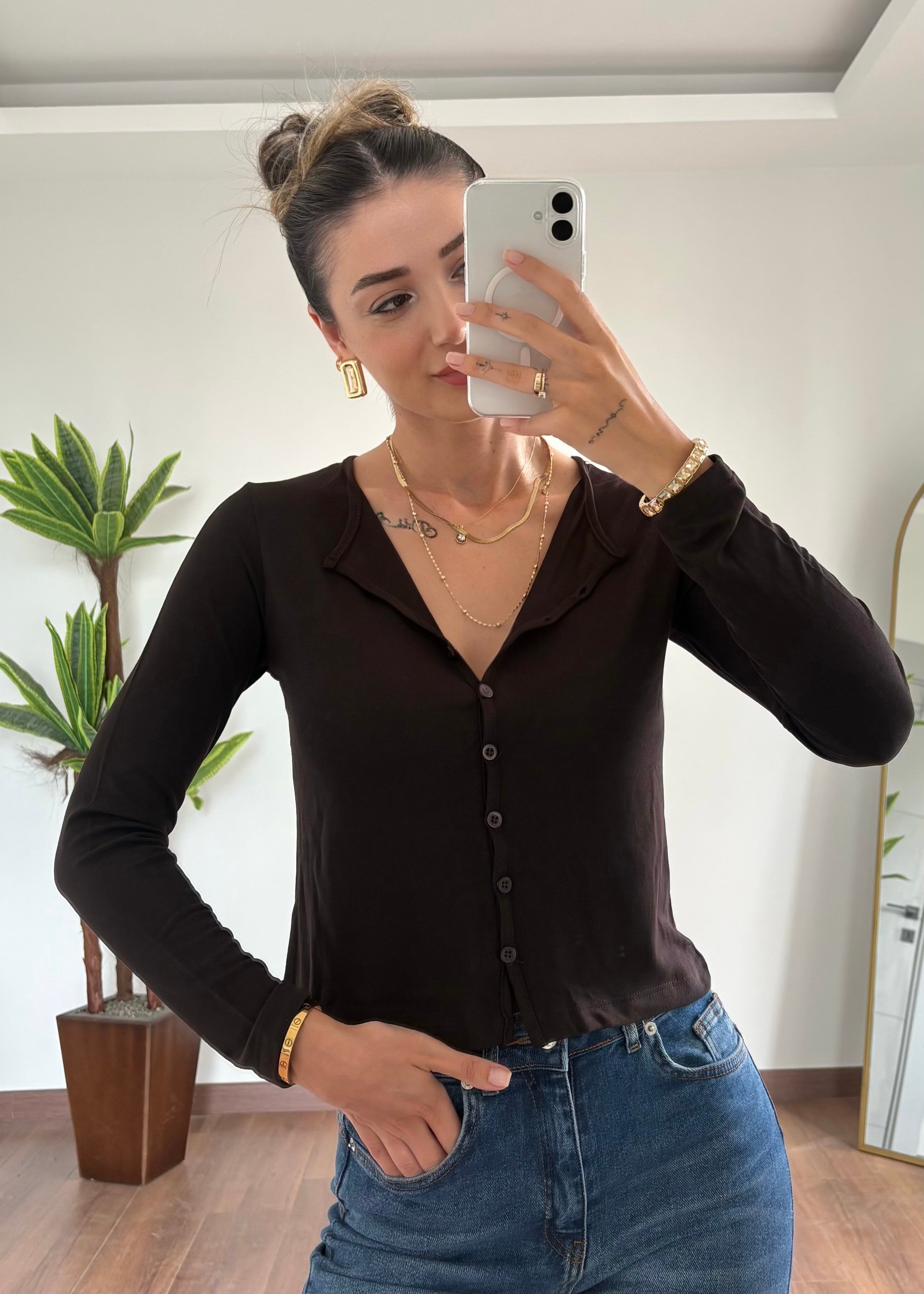 Pamuklu Kahverengi Basic Hırka