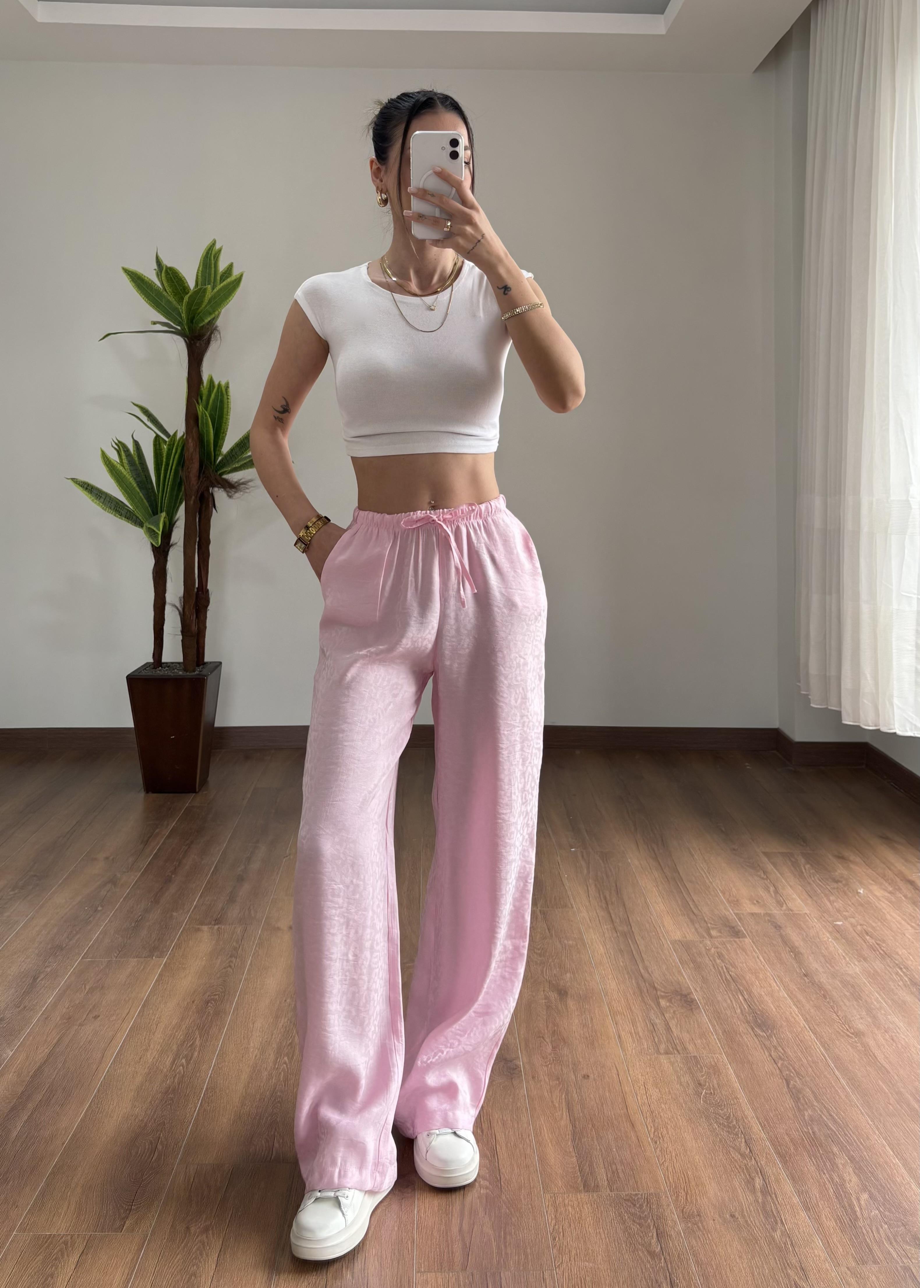 Pera Desenli Pembe Bağlamalı Pantolon