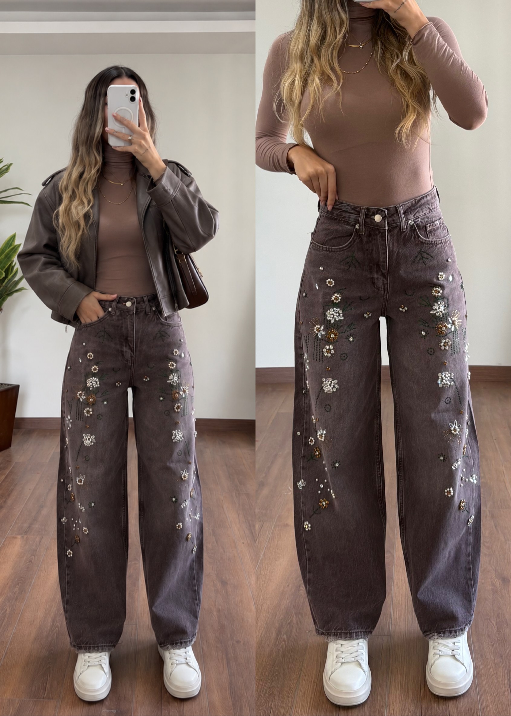 Perla Kahverengi Taşlı Jean