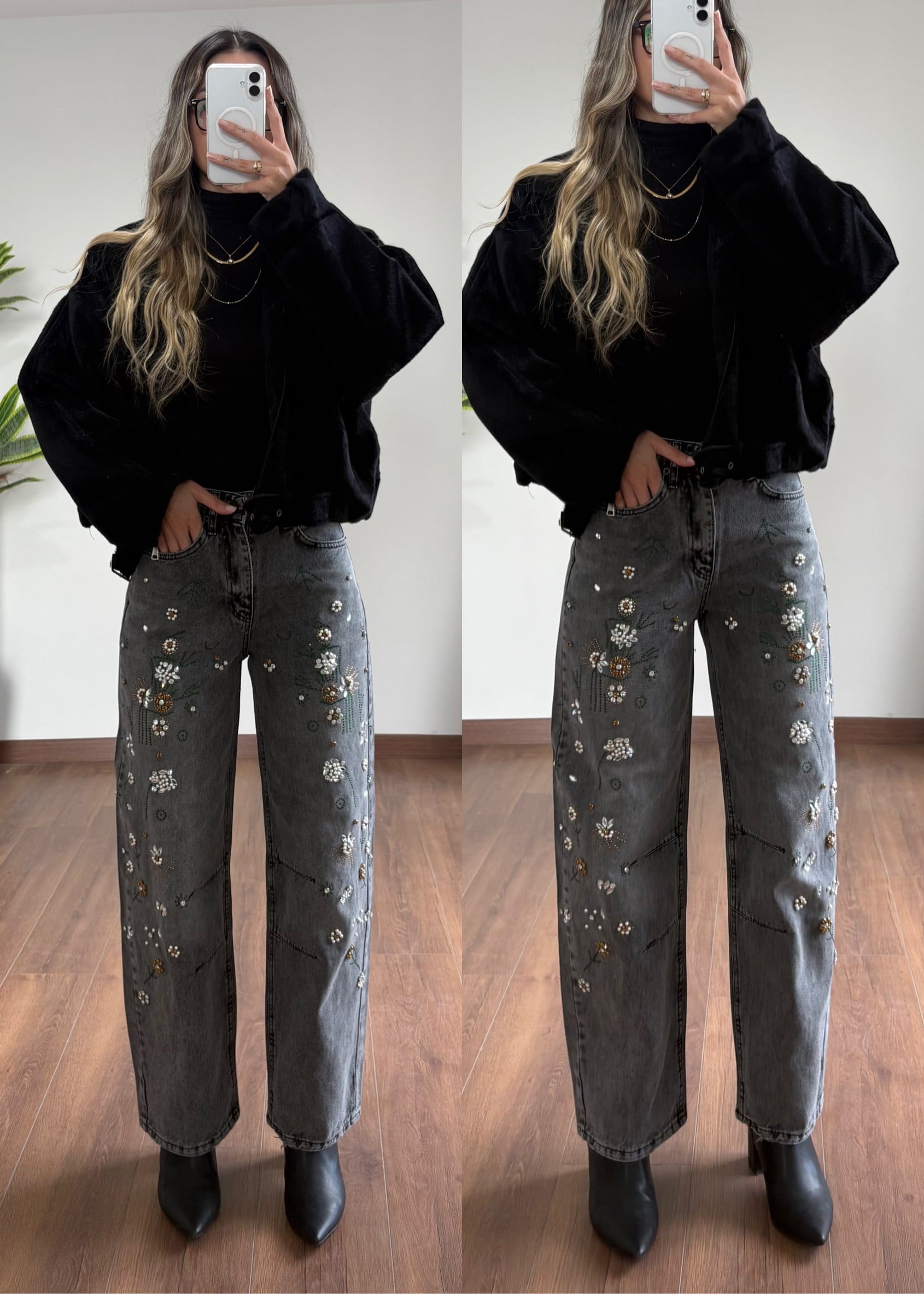 Perla Siyah Taşlı Jean