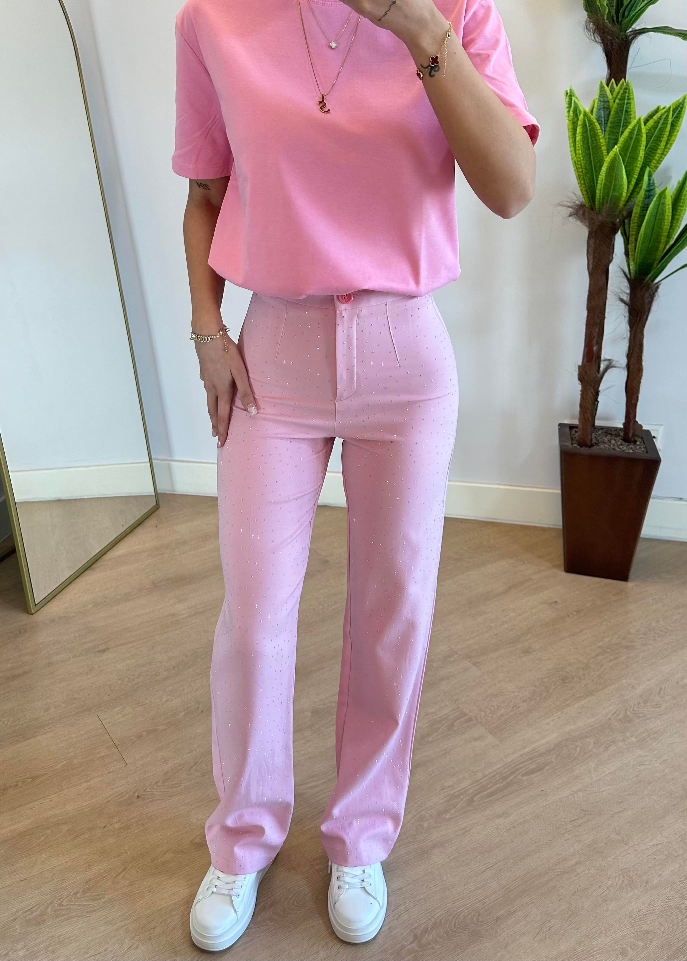 Pery Taşlı Pembe Kumaş Pantolon