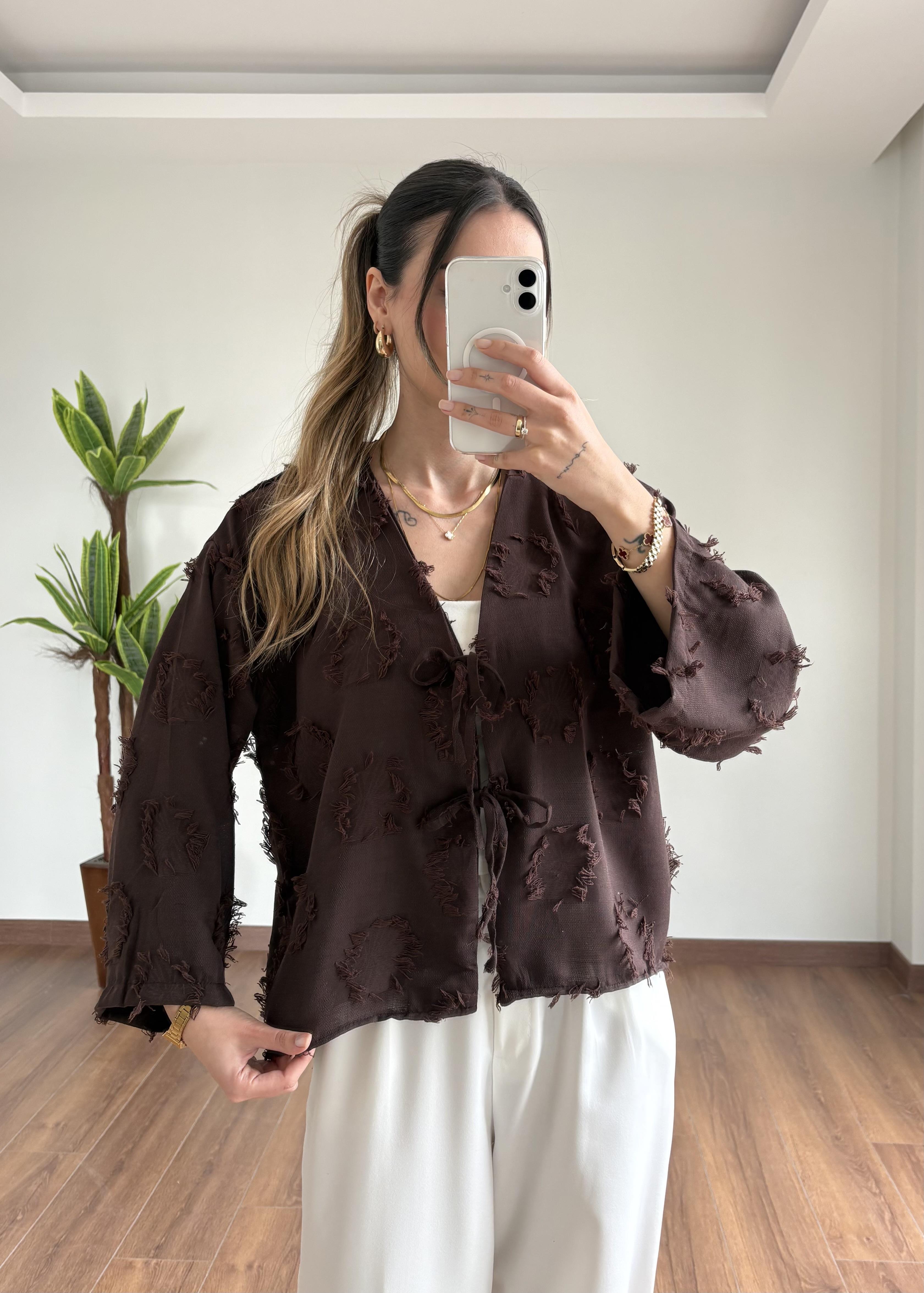 Püsküllü Kahverengi Kimono
