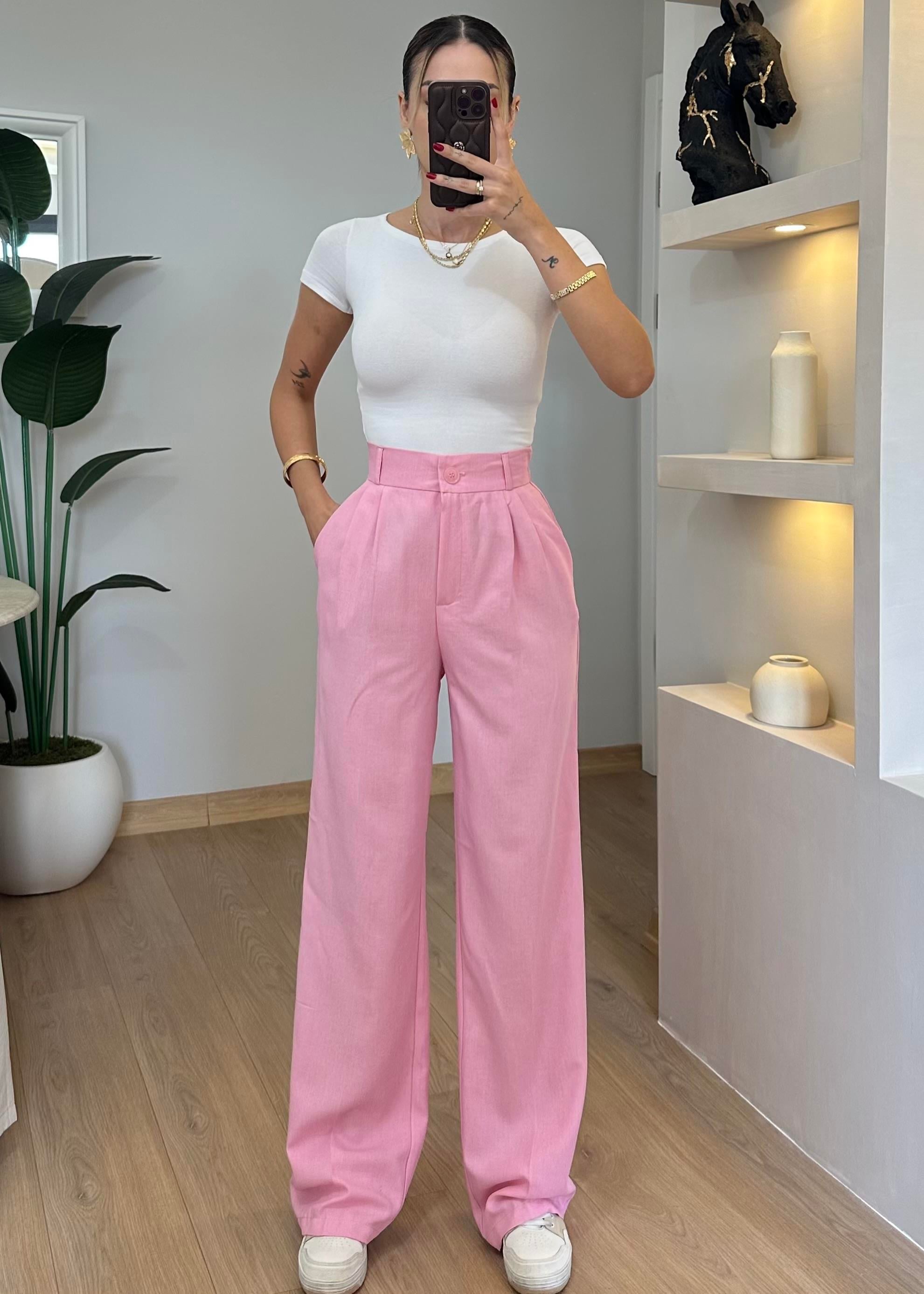 Shine Pembe Keten Pantolon