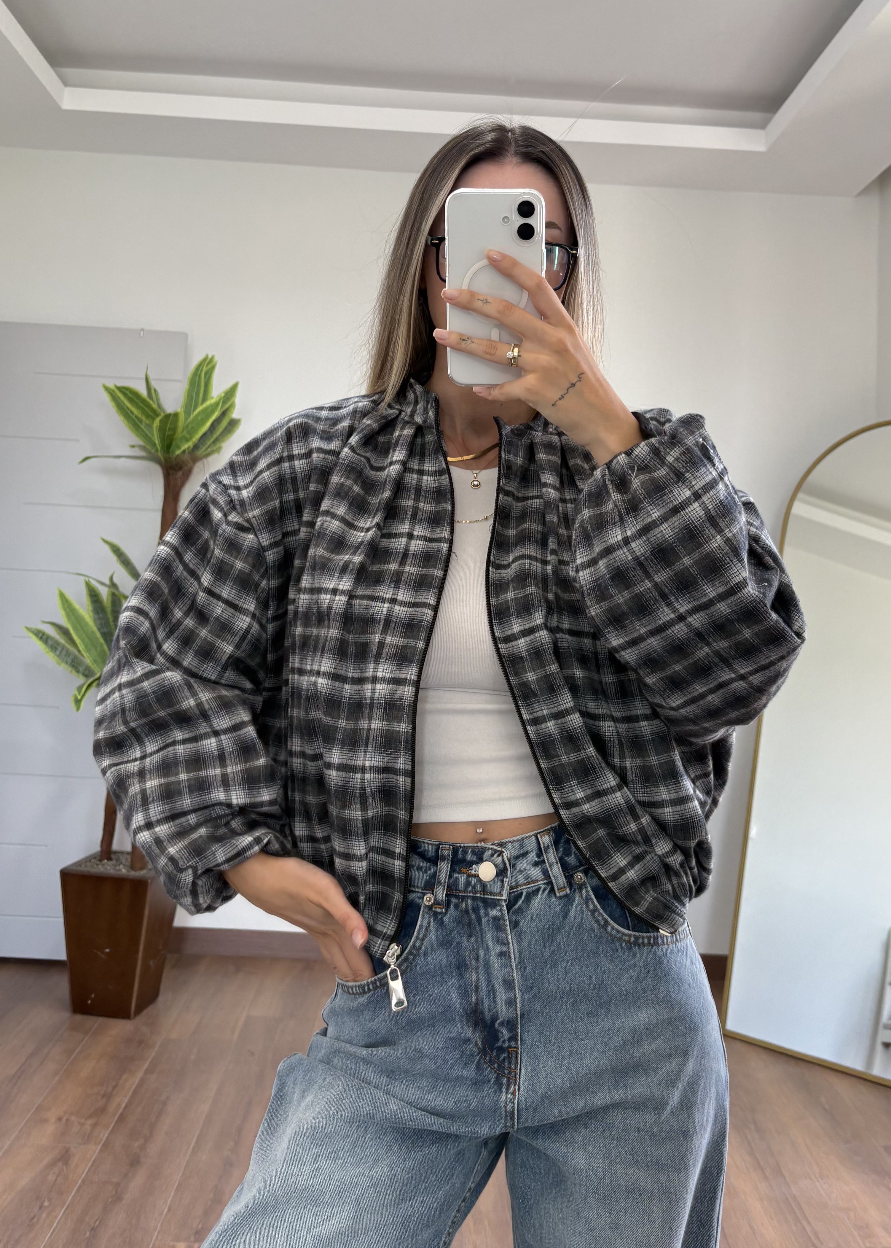 Siyah Ekosa Bomber Ceket