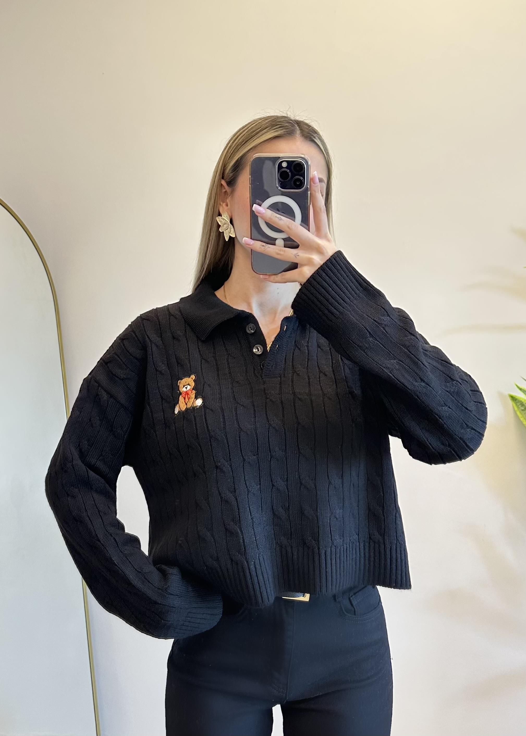 Teddy Siyah Polo Yaka Triko Kazak