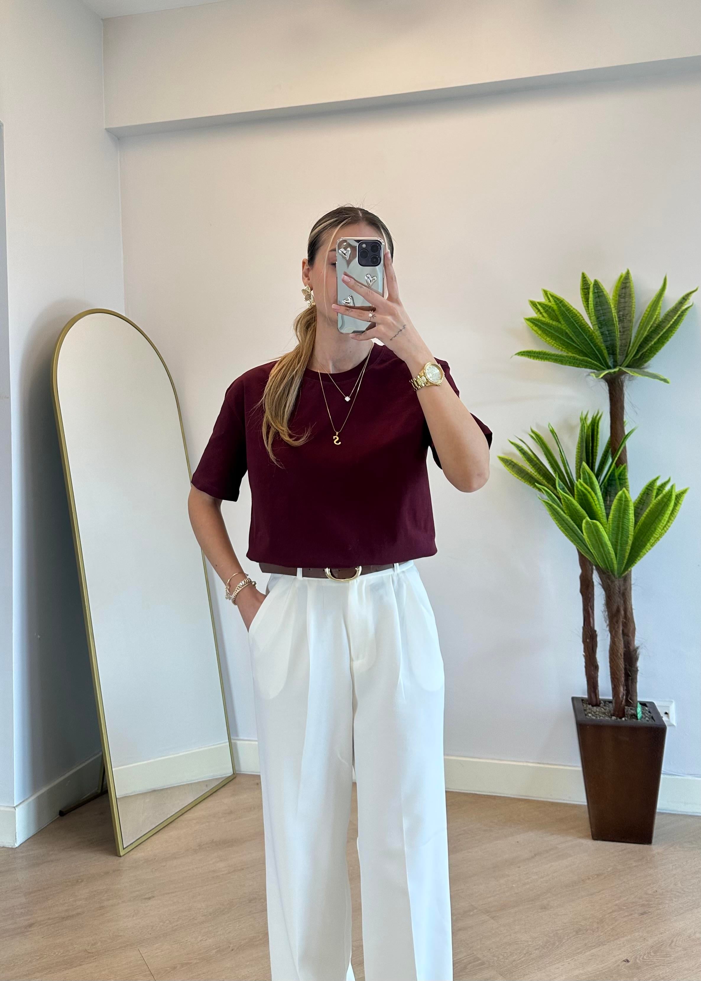 Wena Oversize Yarım Kol Bordo Basic T-shirt