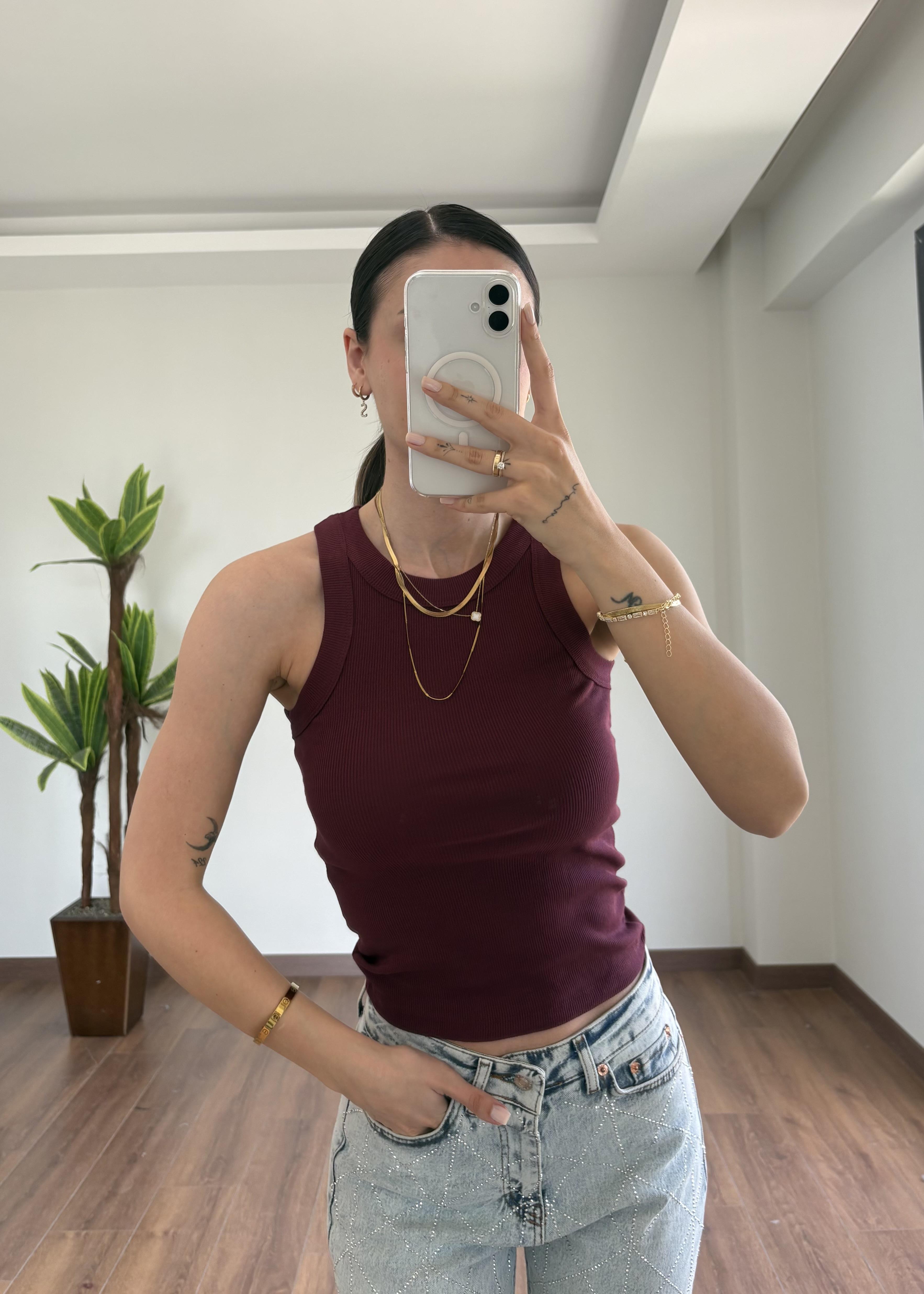 Basic Bordo Halter Yaka