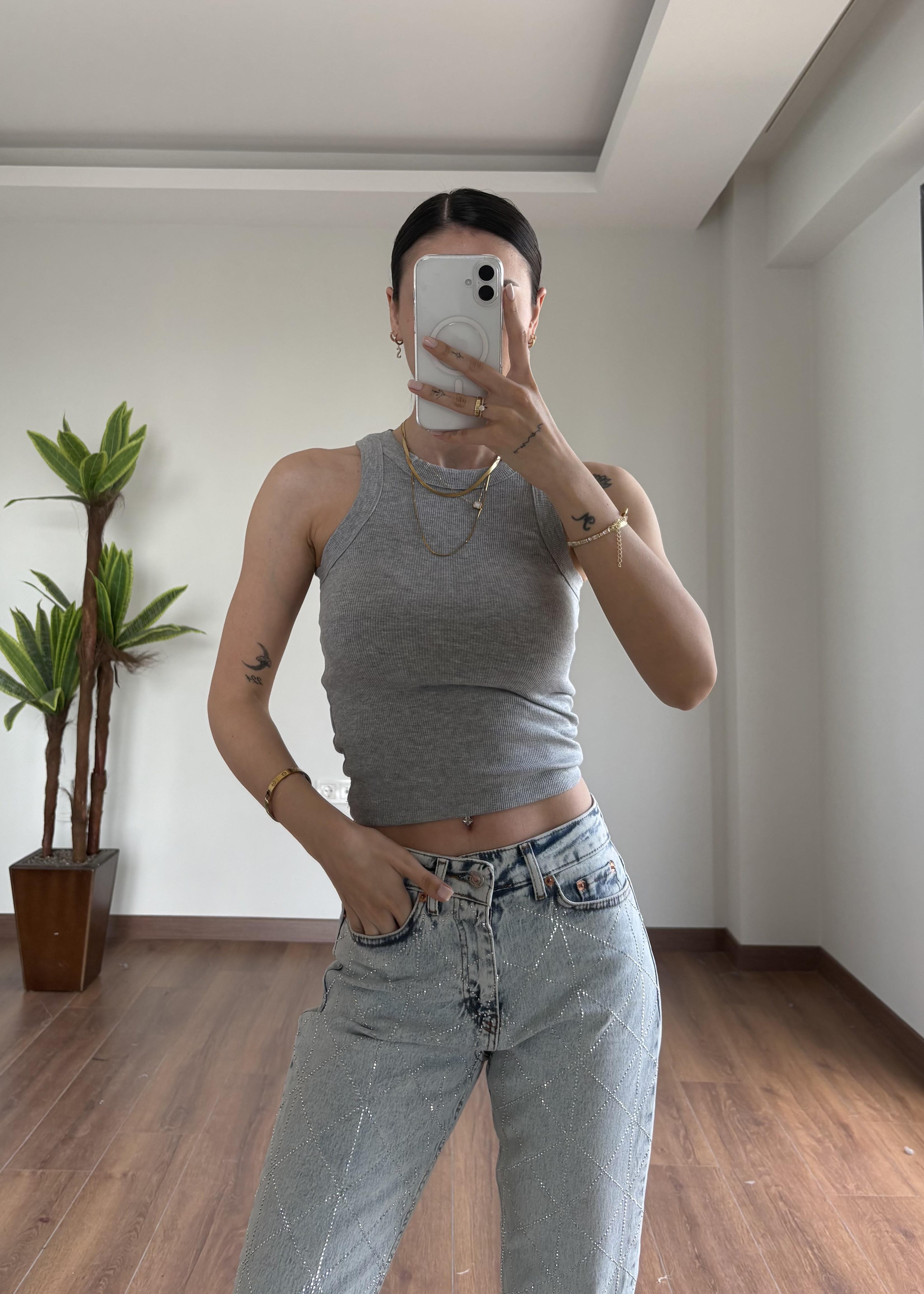 Basic Gri Halter Yaka