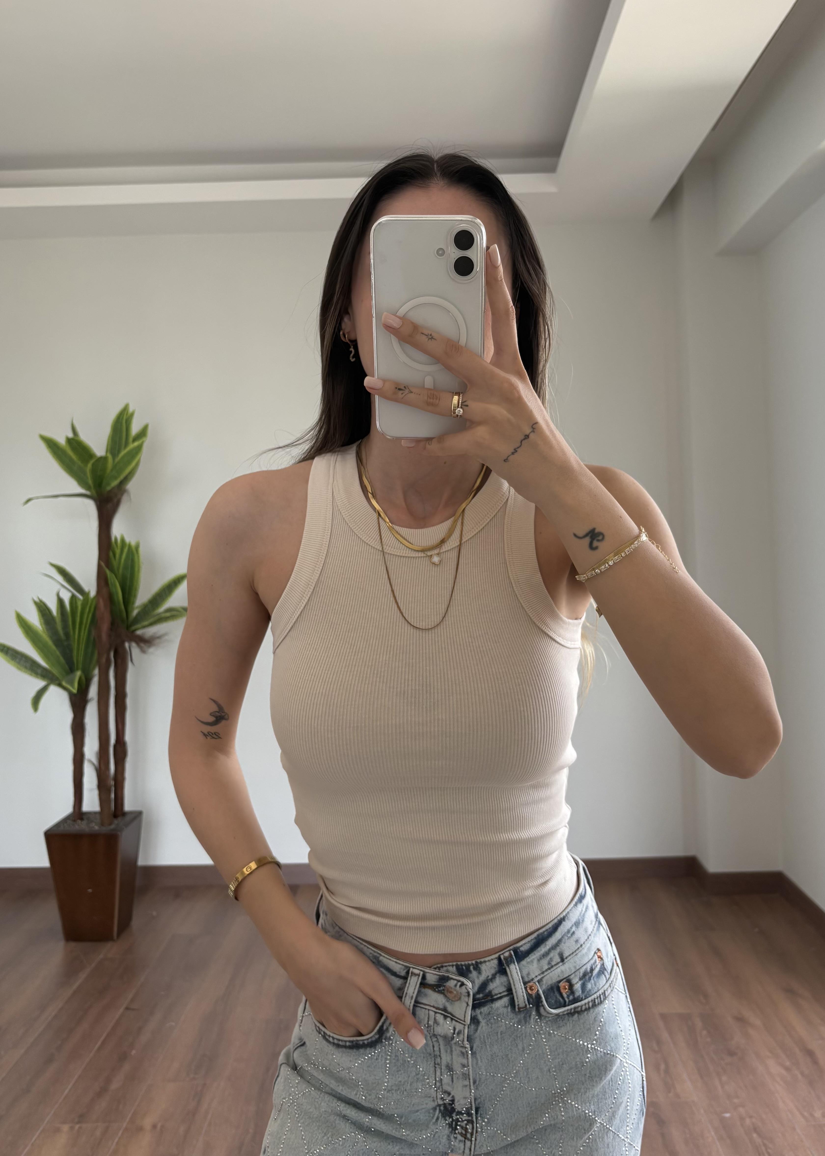 Basic Krem Halter Yaka