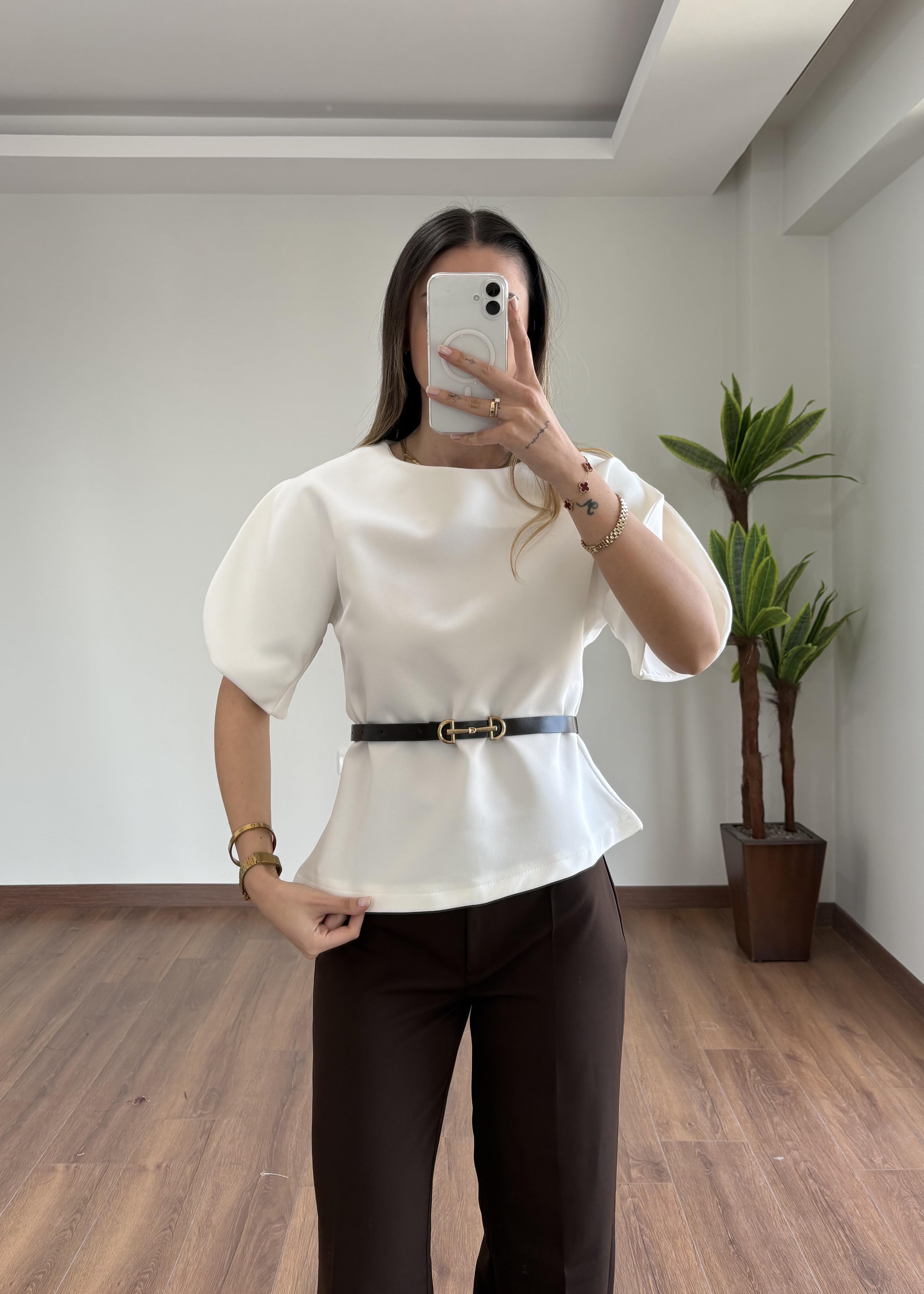 Belissa Kemerli Tasarım Beyaz Bluz