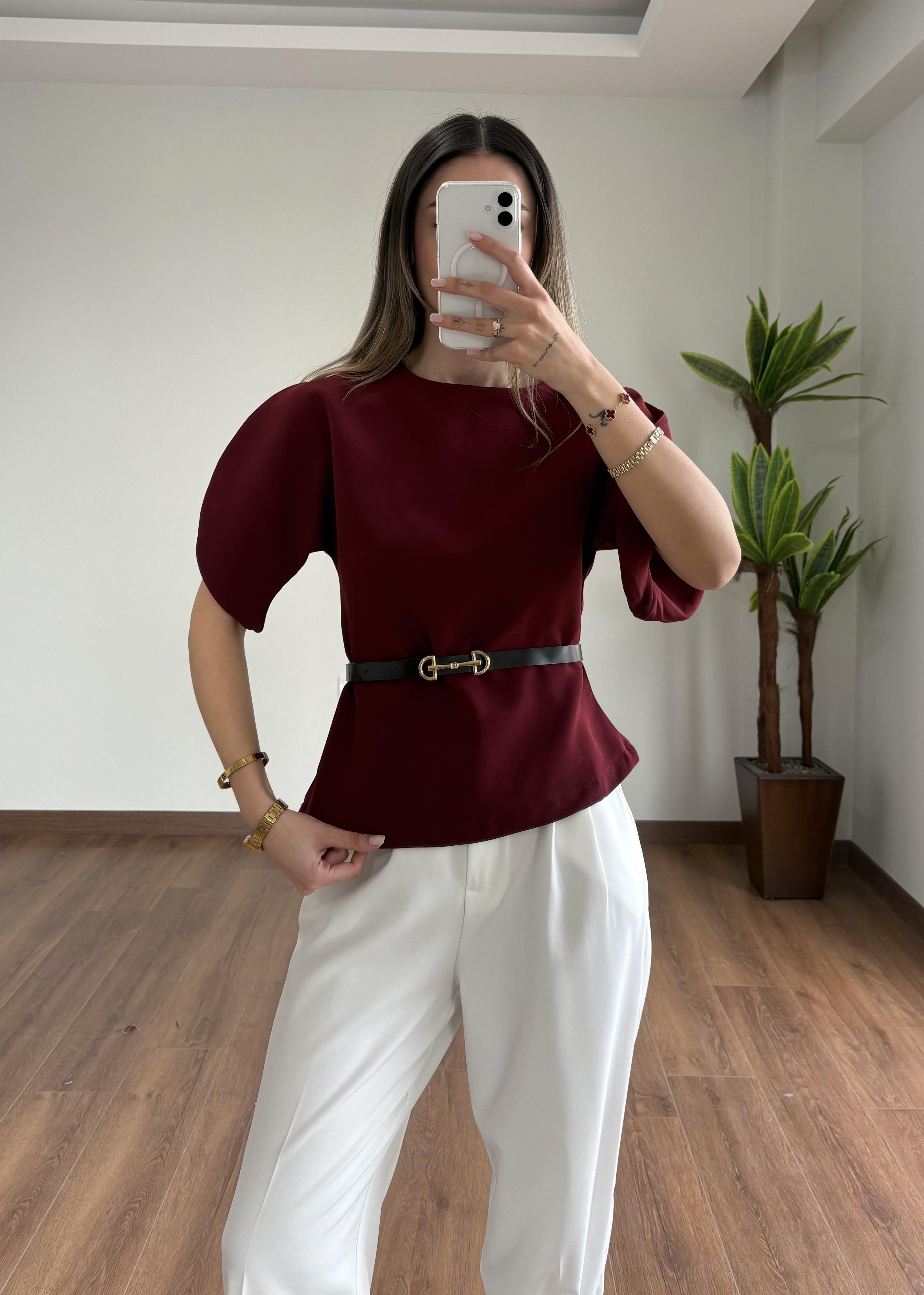 Belissa Kemerli Tasarım Bordo Bluz
