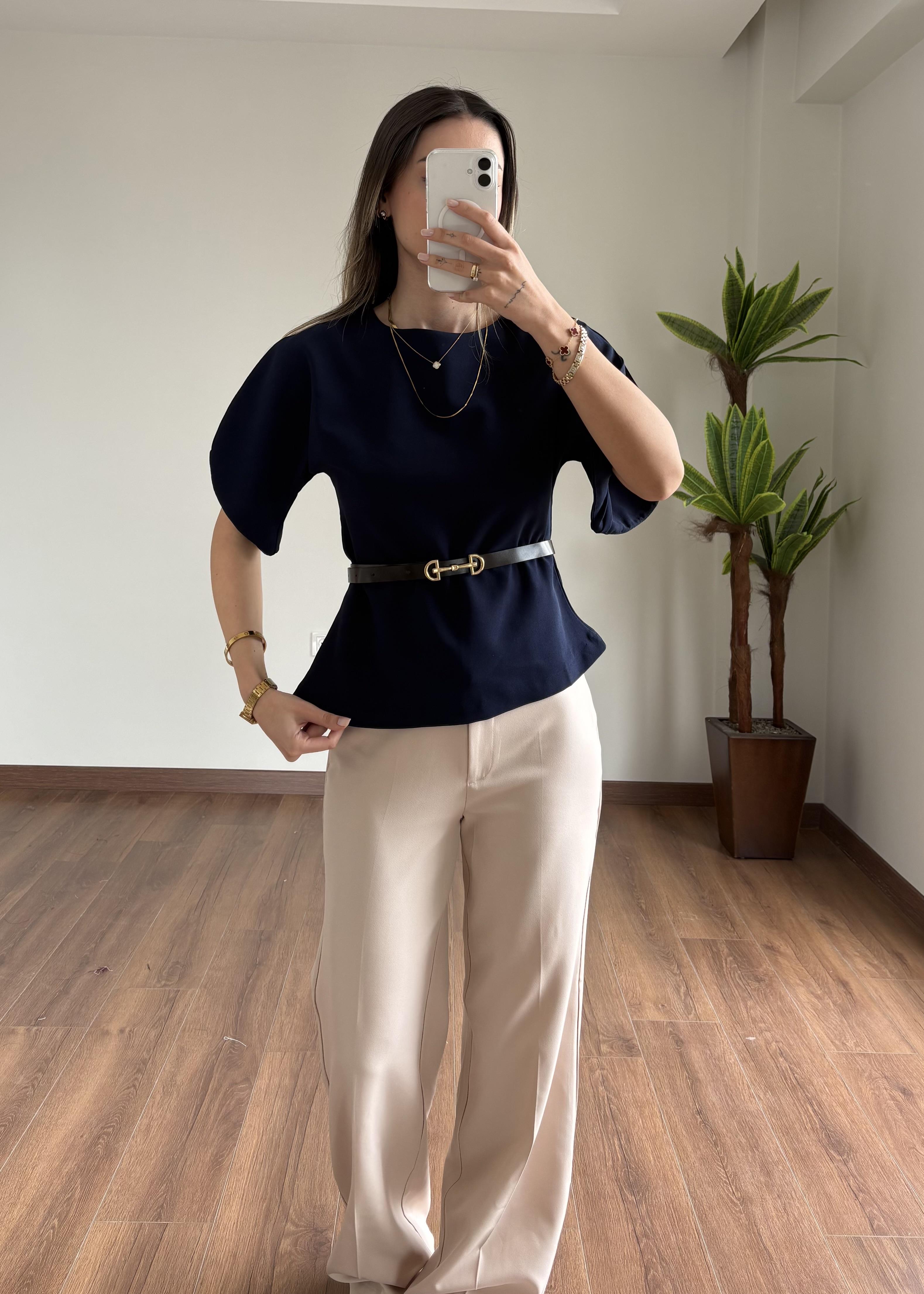 Belissa Kemerli Tasarım Lacivert  Bluz