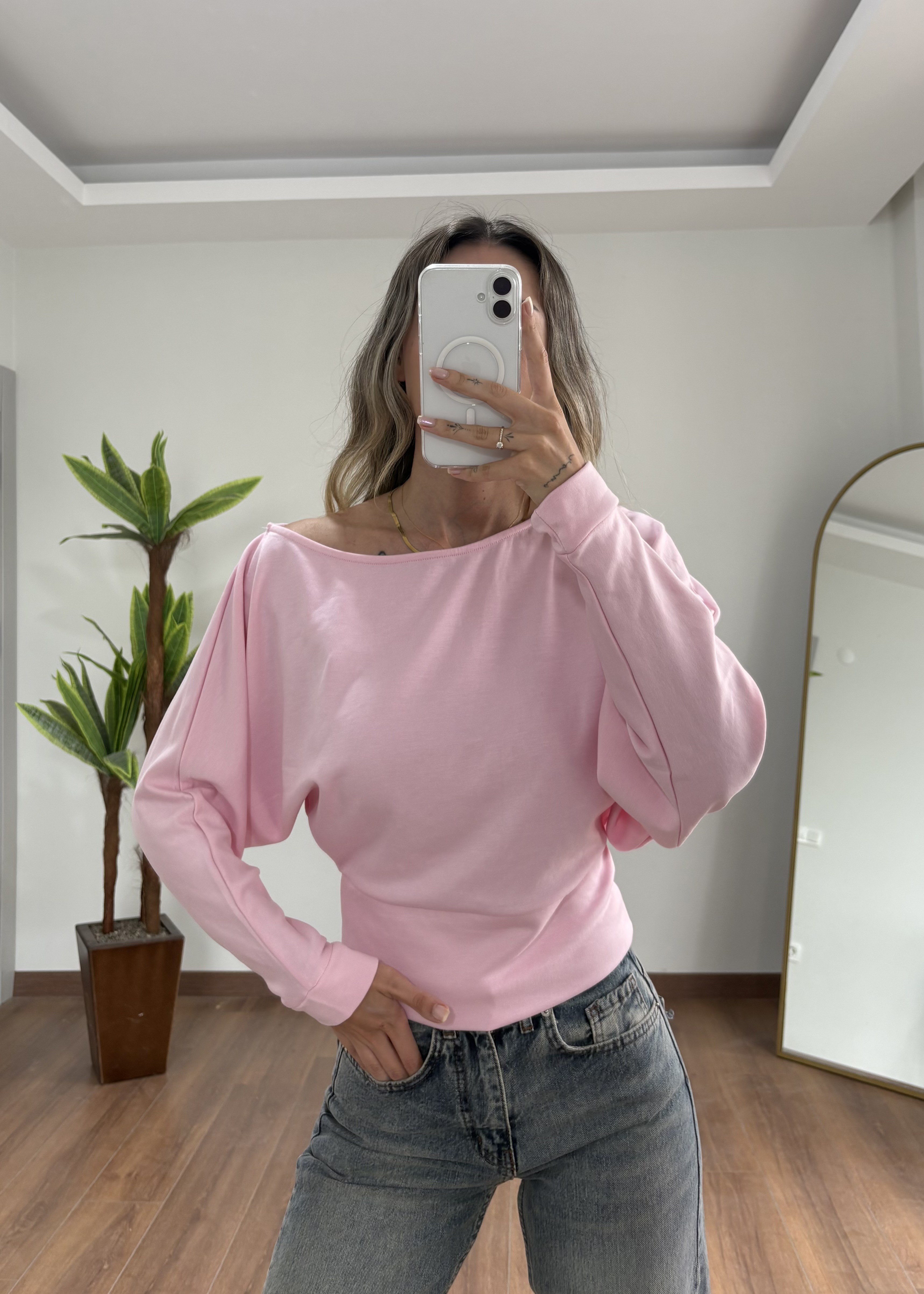 Düşük Omuz Pembe Bluz