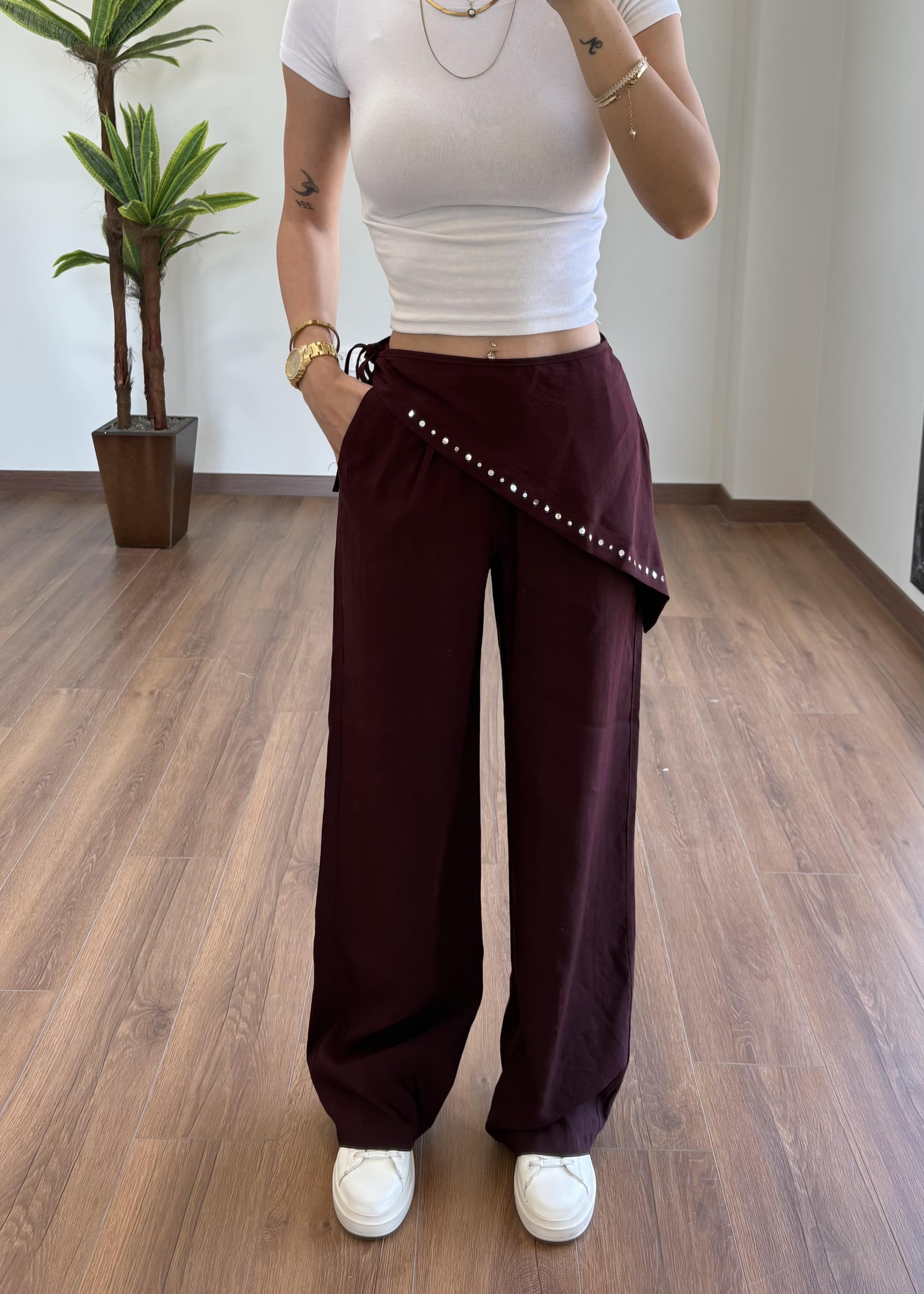 Fularlı Bordo Pantolon