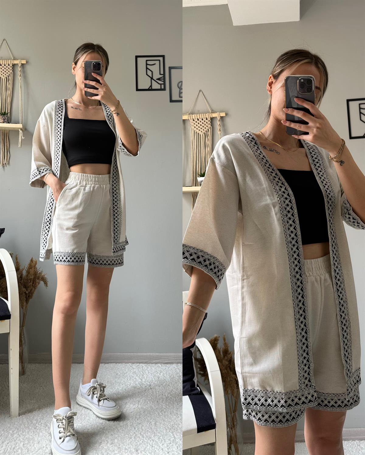 kadın desenli şort kimono takımı