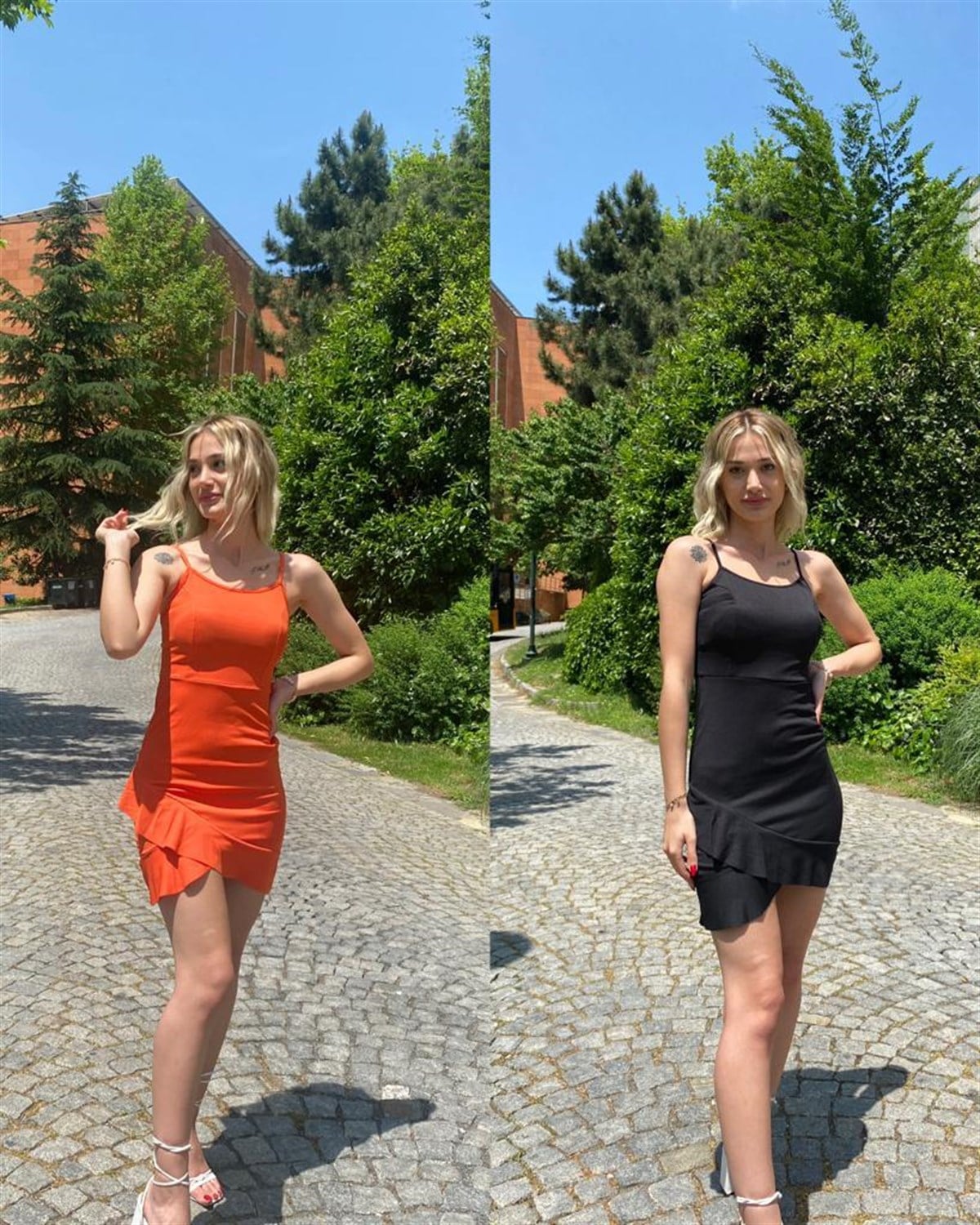 Kadın fırfırlı  askılı mini elbise