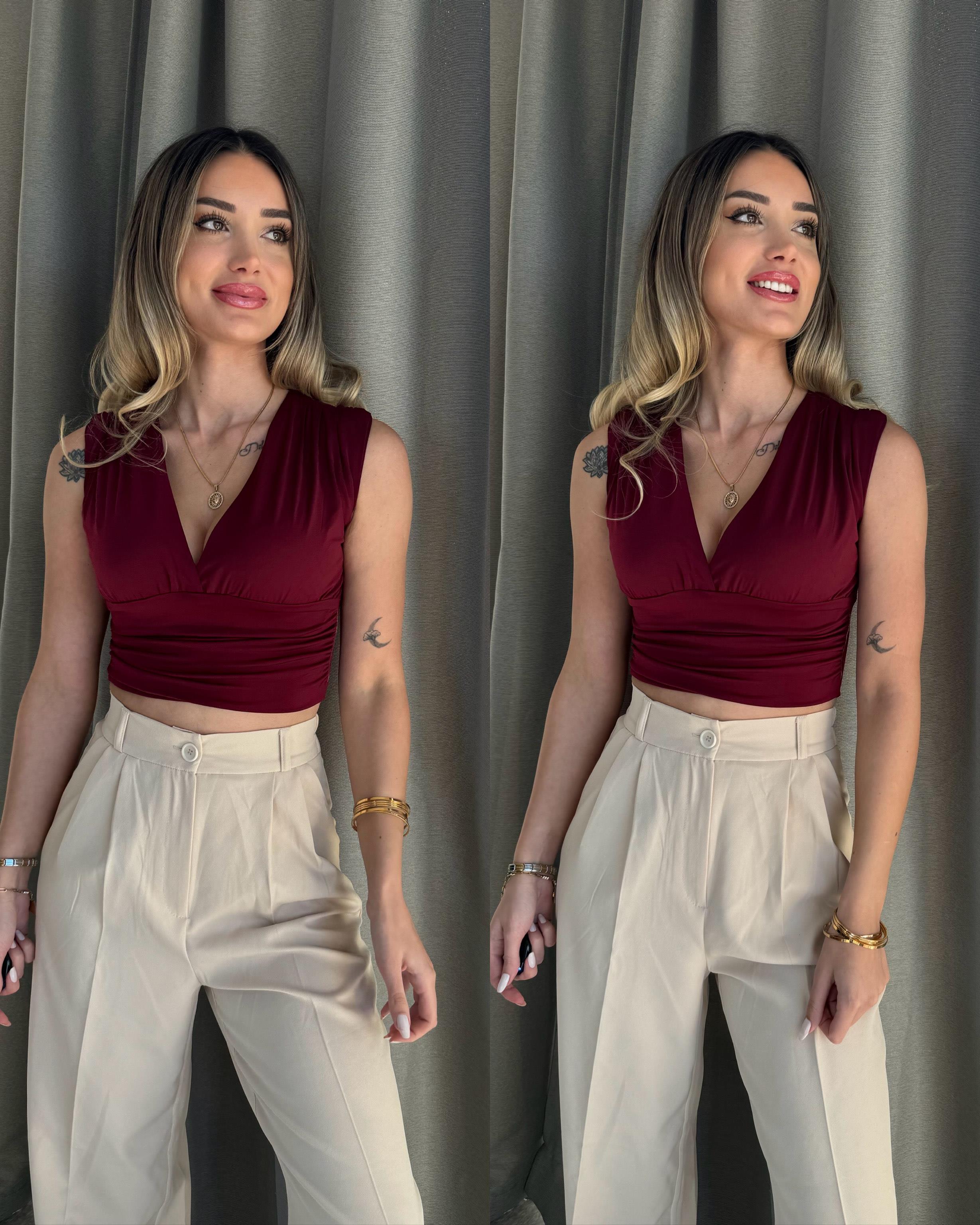 Kadın Gipeli V Yaka Bordo Crop Bluz
