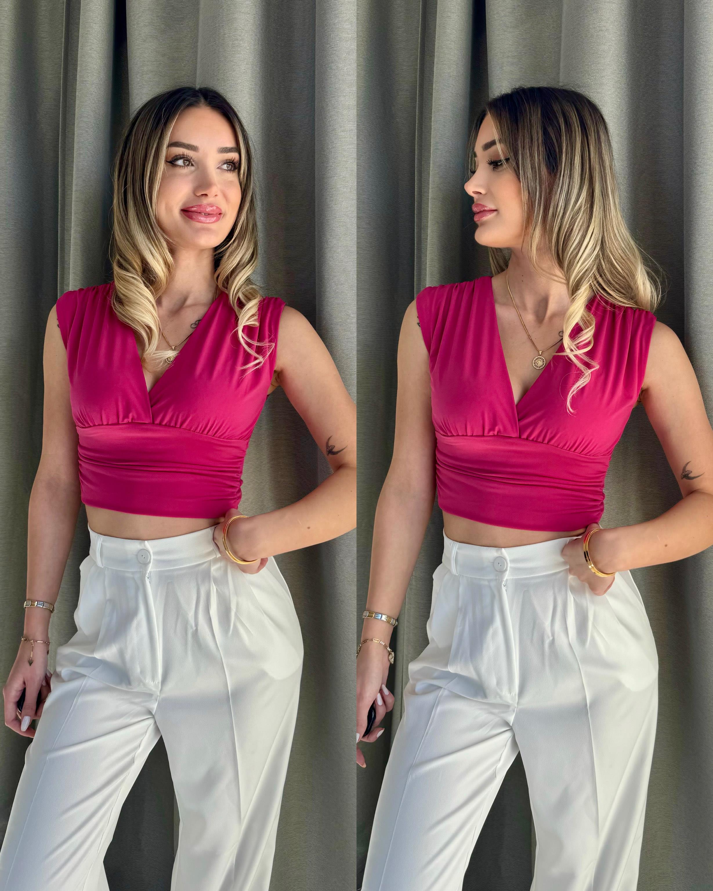 Kadın Gipeli V Yaka Pembe Crop Bluz