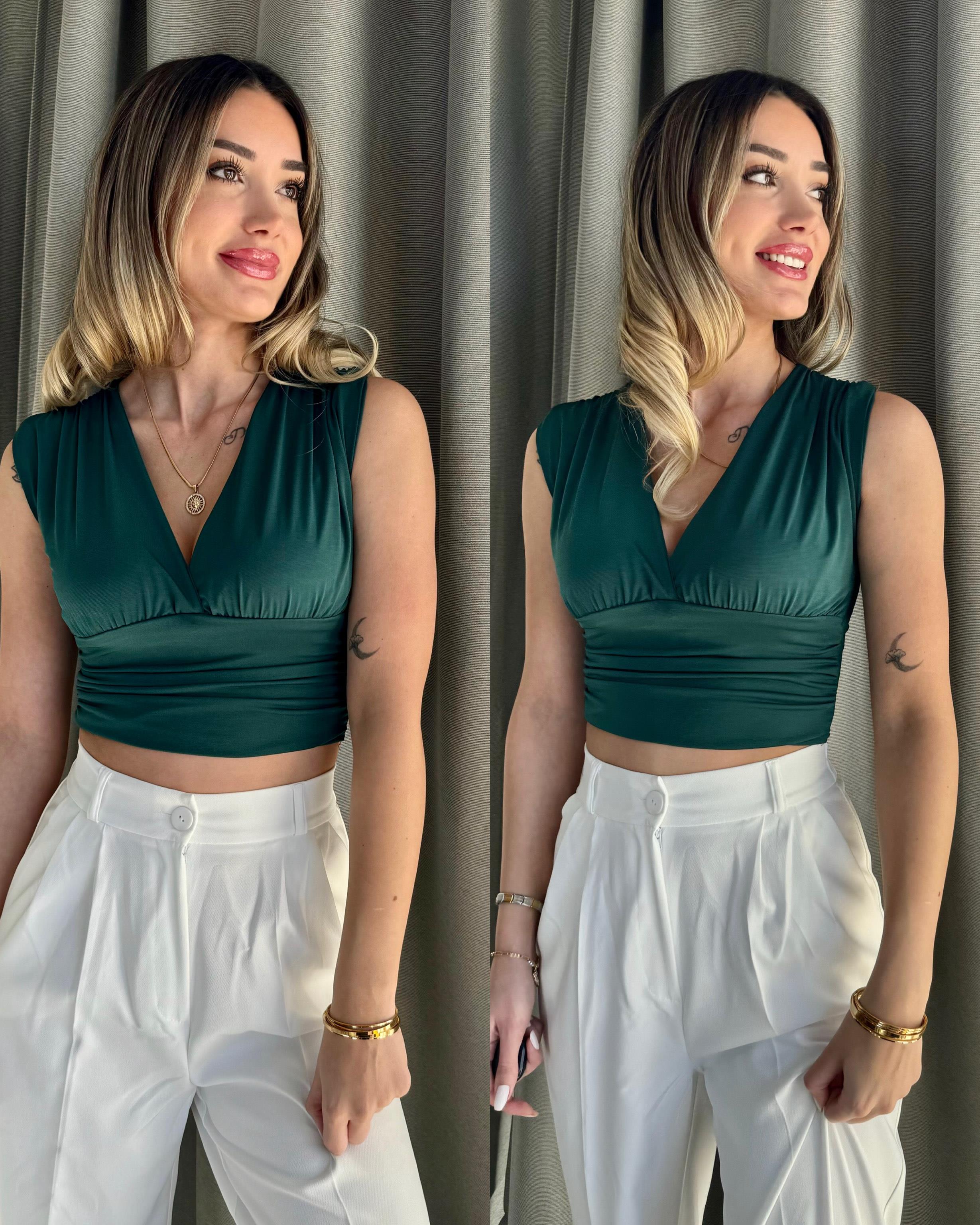 Kadın Gipeli V Yaka Yeşil Crop Bluz