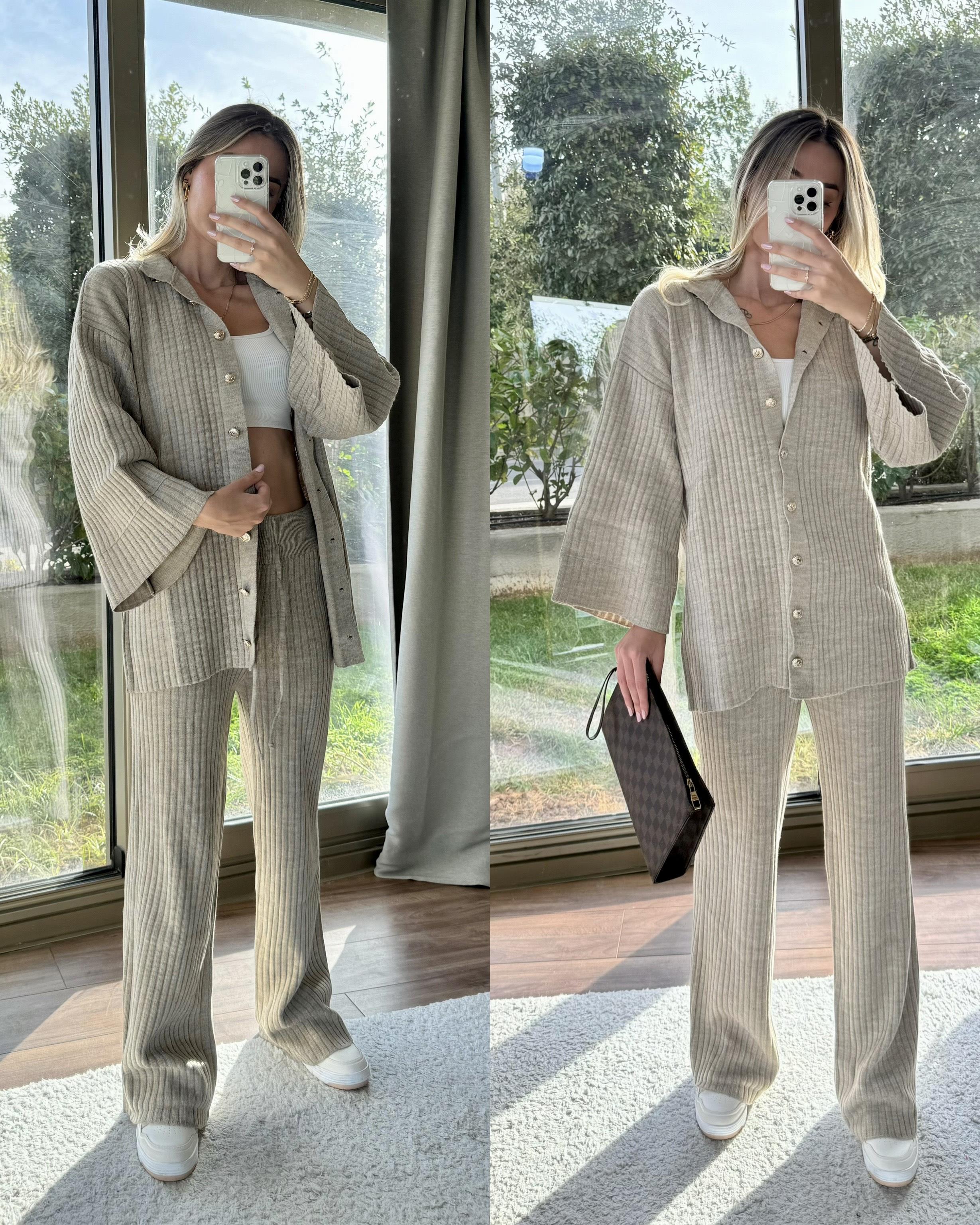 Kadın gold düğme detaylı standart beden  alt üst triko takım