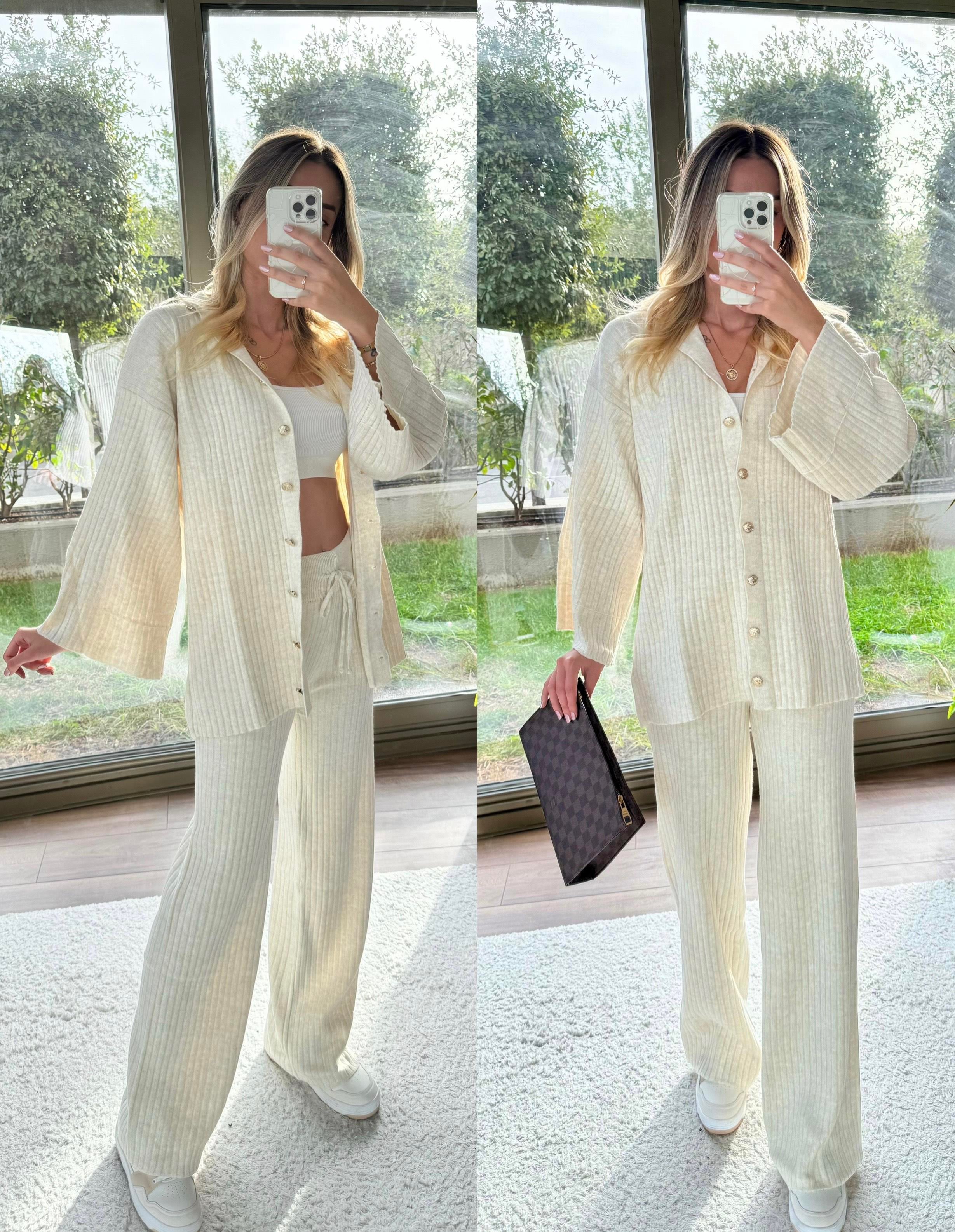 Kadın gold düğme detaylı standart beden  alt üst triko takım