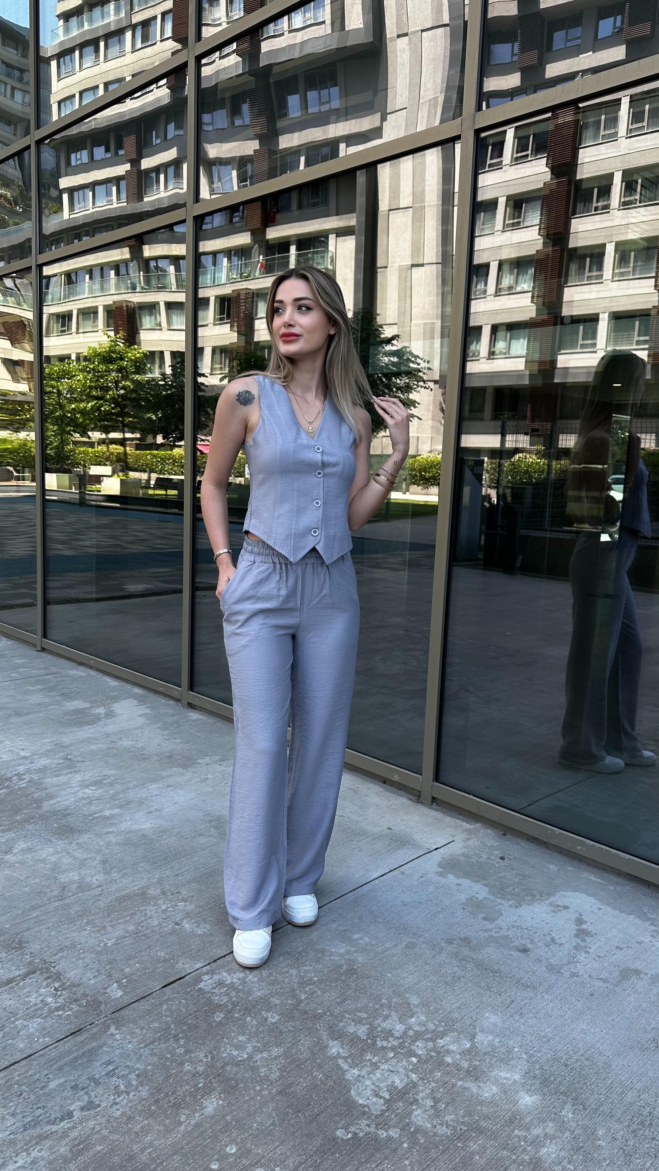 Kadın Keten İçi Astarlı Yelek Beli Lastikli Palazzo Takım