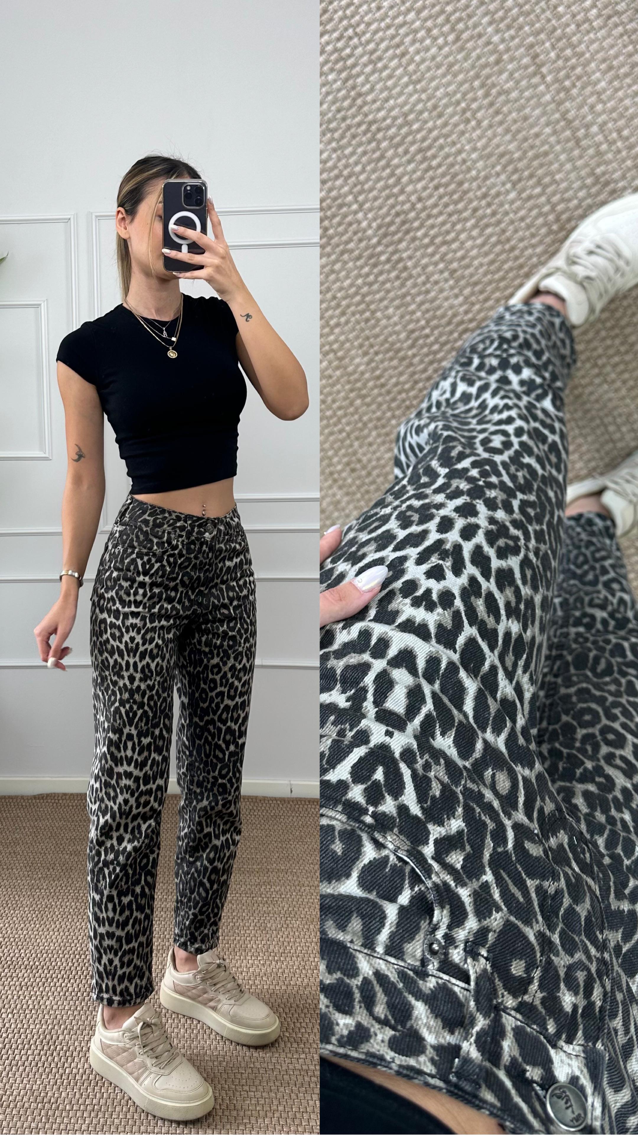 Kadın leopar desen mom jean