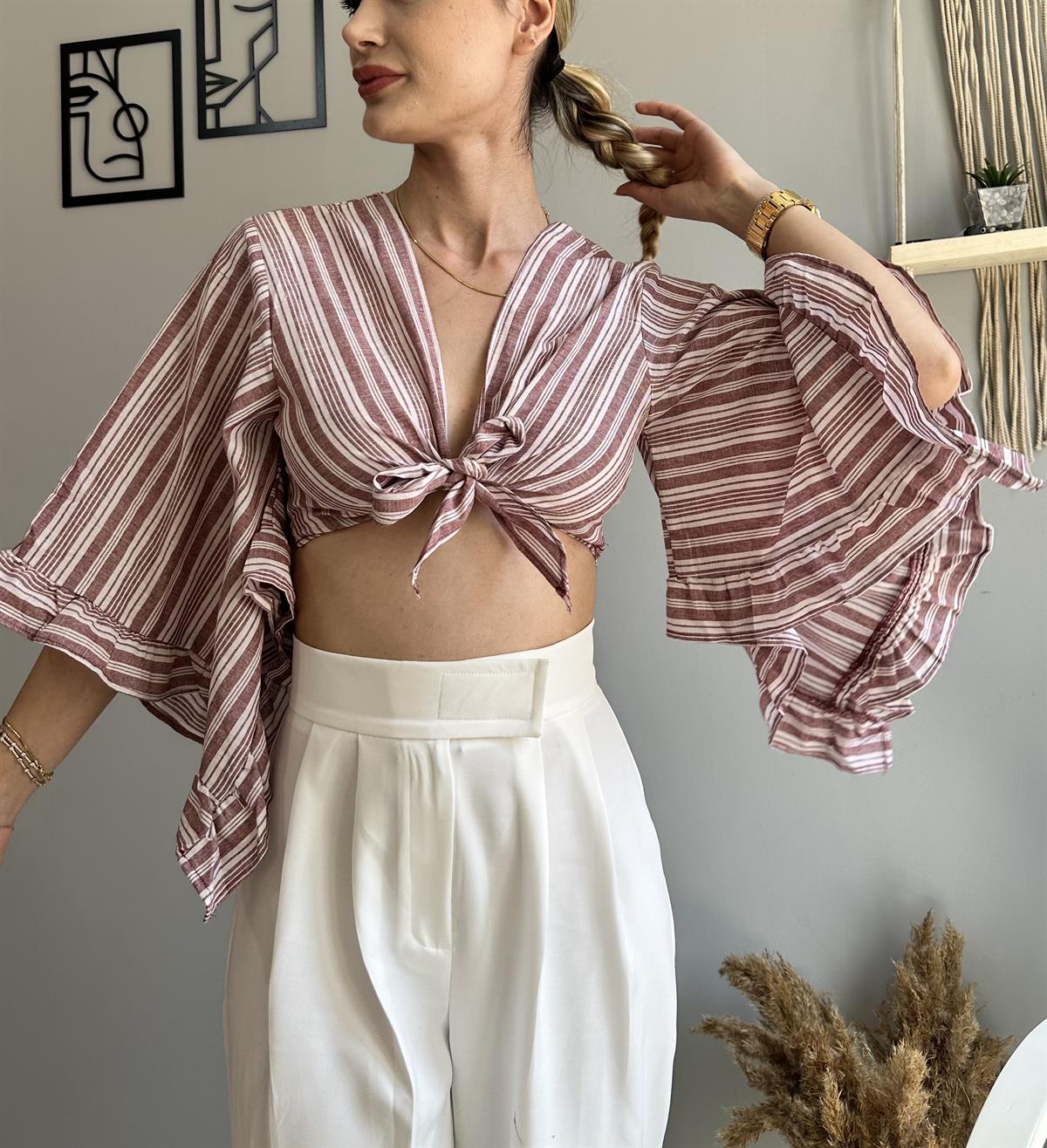 kadın ön bağlamalı kruvaze croptop