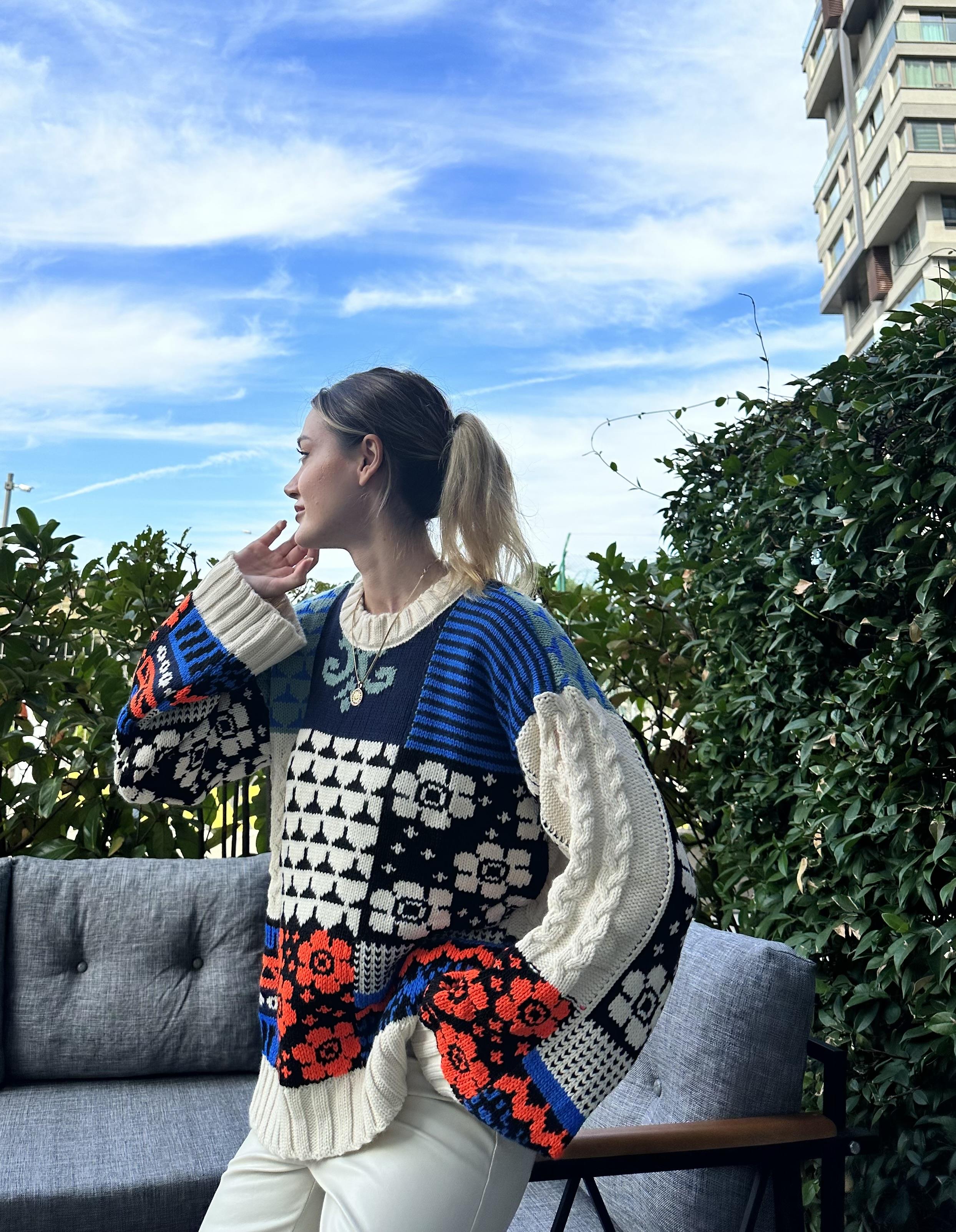 kadın oversize etnik desen yumuşak yün kazak