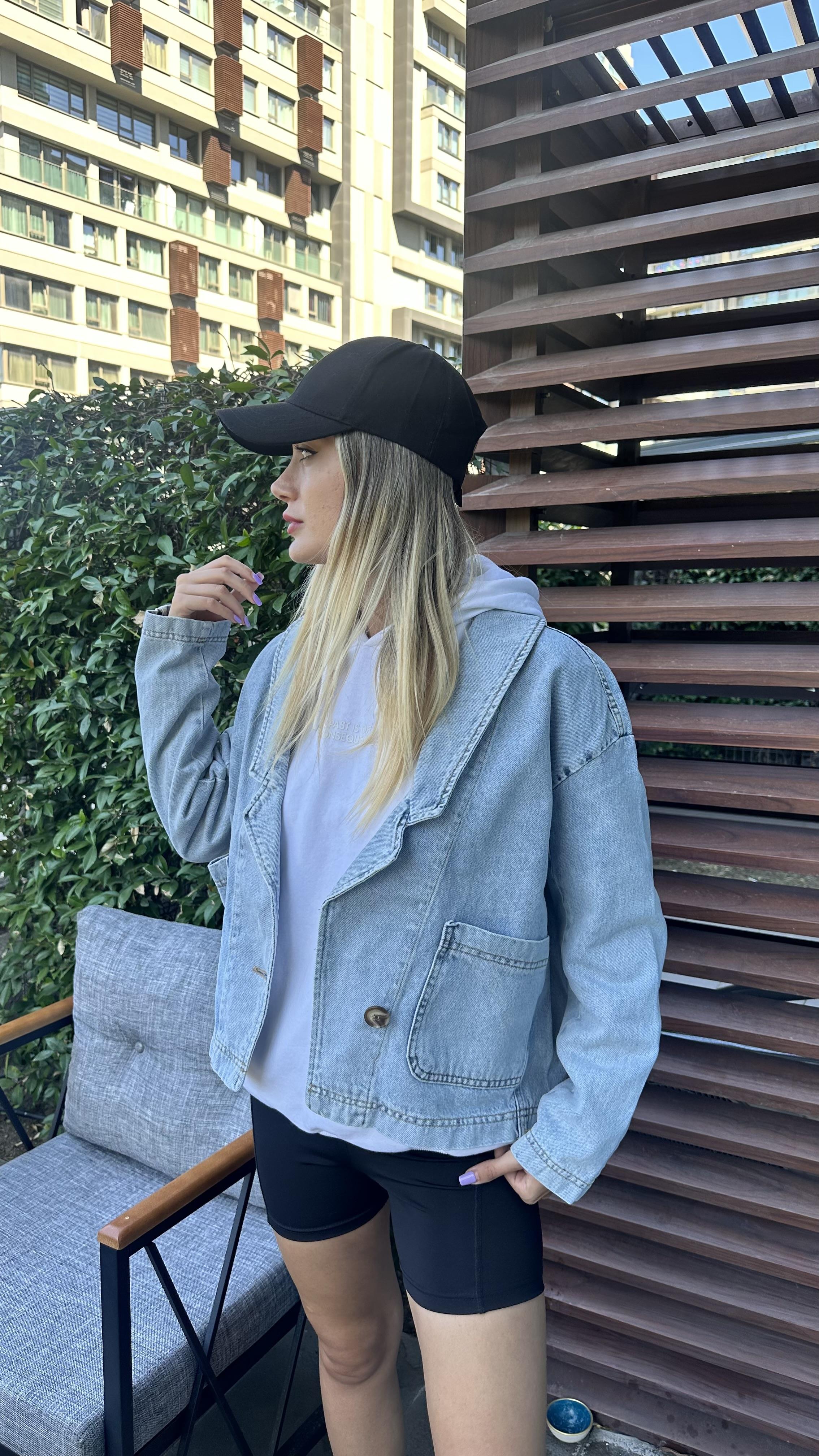 kadın oversize tek düğme kot ceket