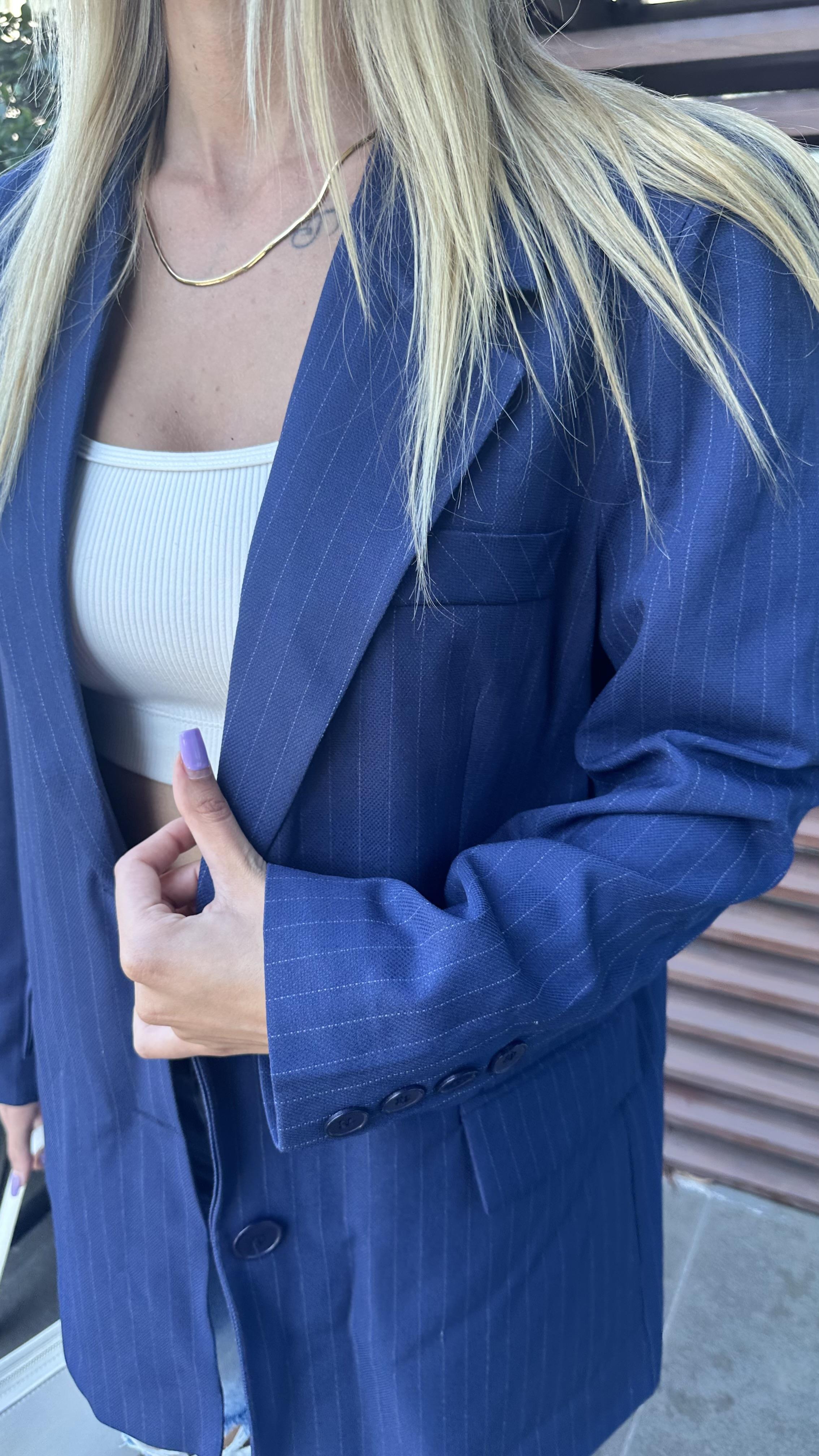 kadın oversize uzun çizgili blazer ceket