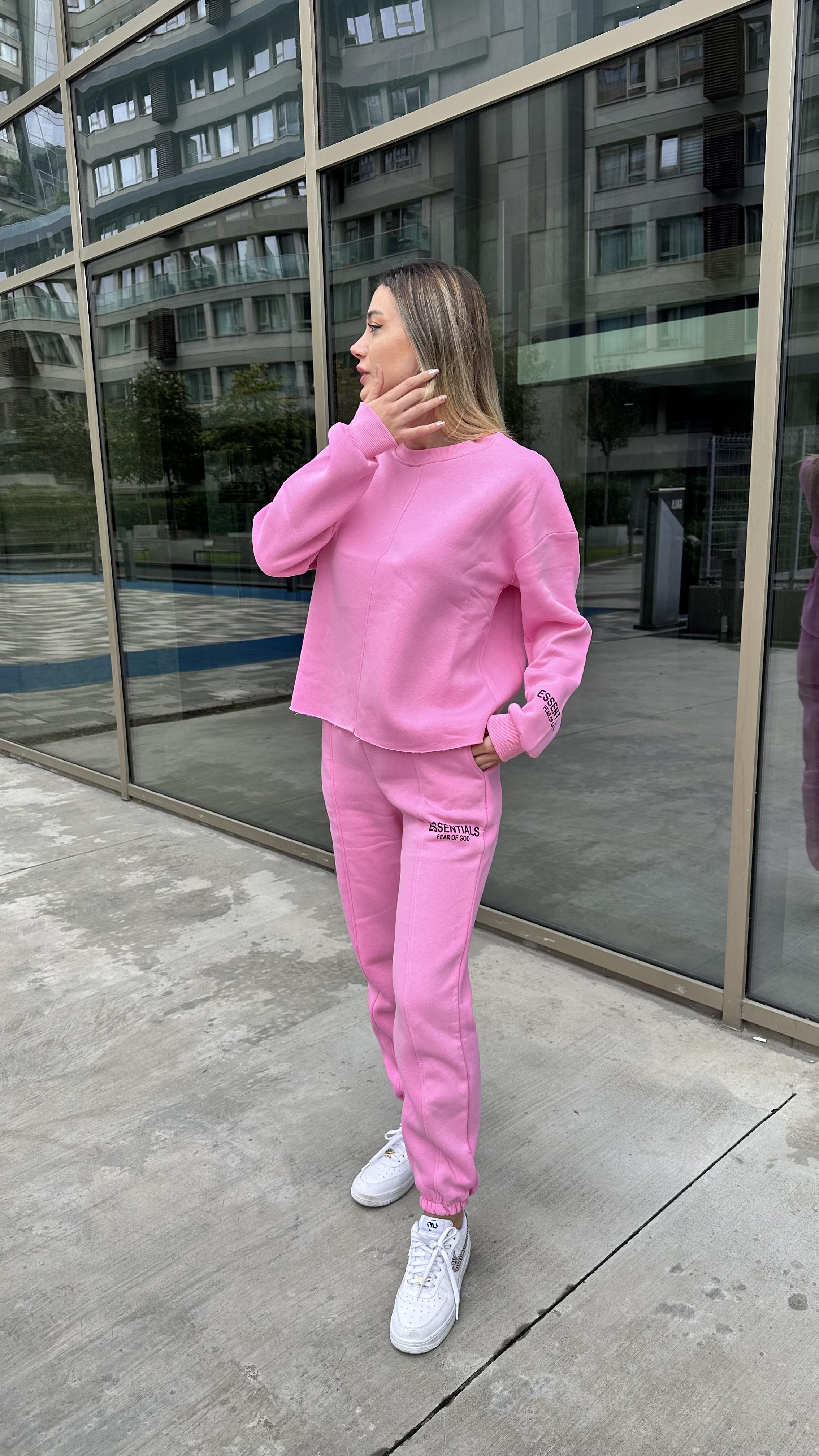 Kadın pembe 3 iplik şardonlu eşofman takımı