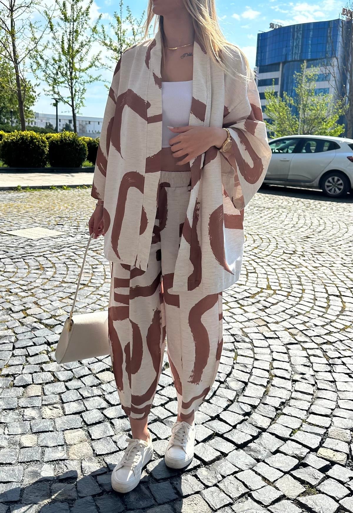 kadın renkli pantolon kimono takım