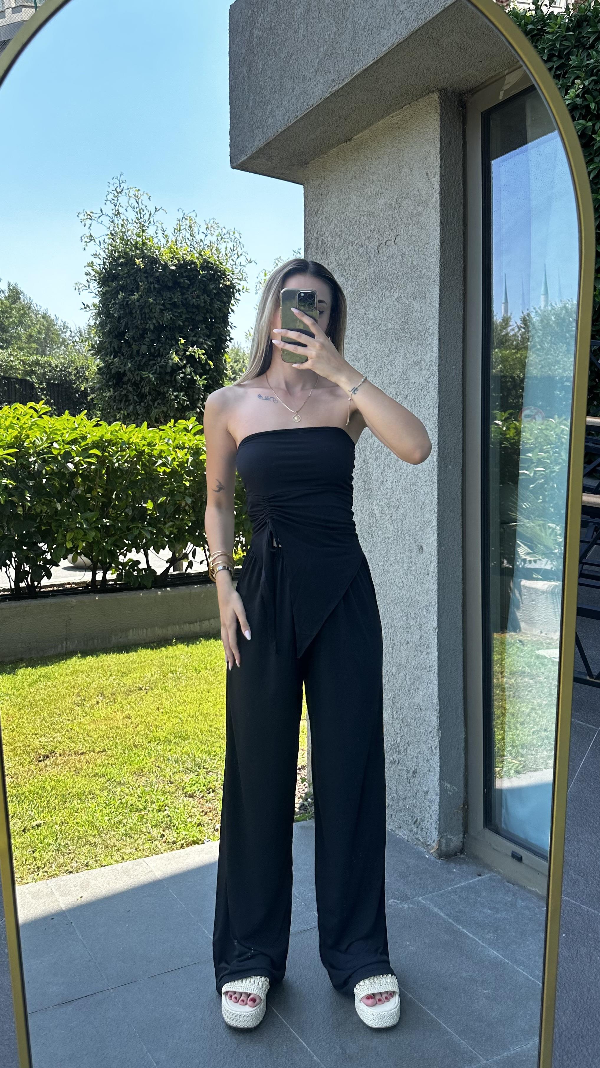 Kadın Sandy Kumaş Siyah Straplez Crop Pantolon Takım