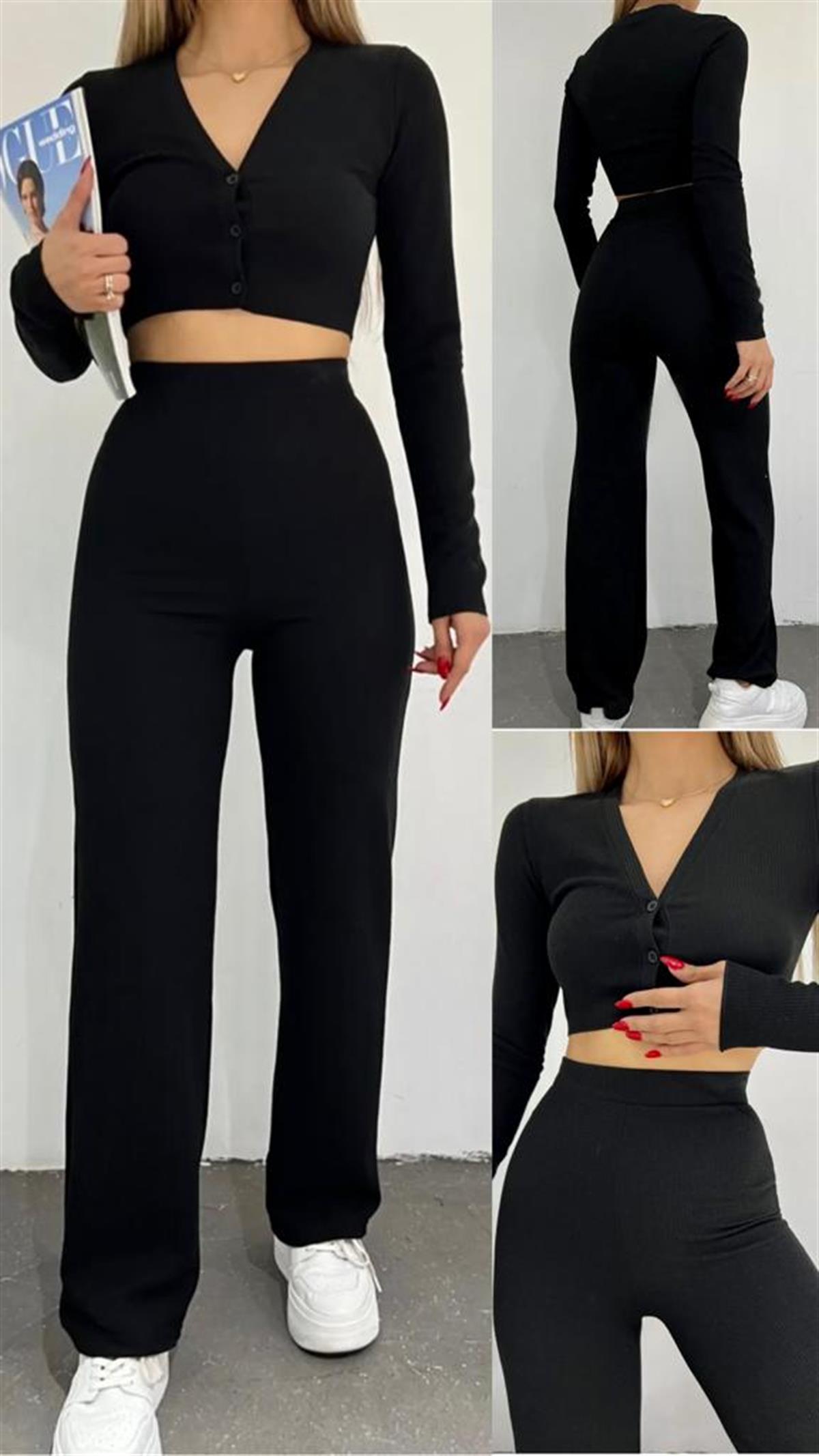kadın siyah crop hırka eşofman takım