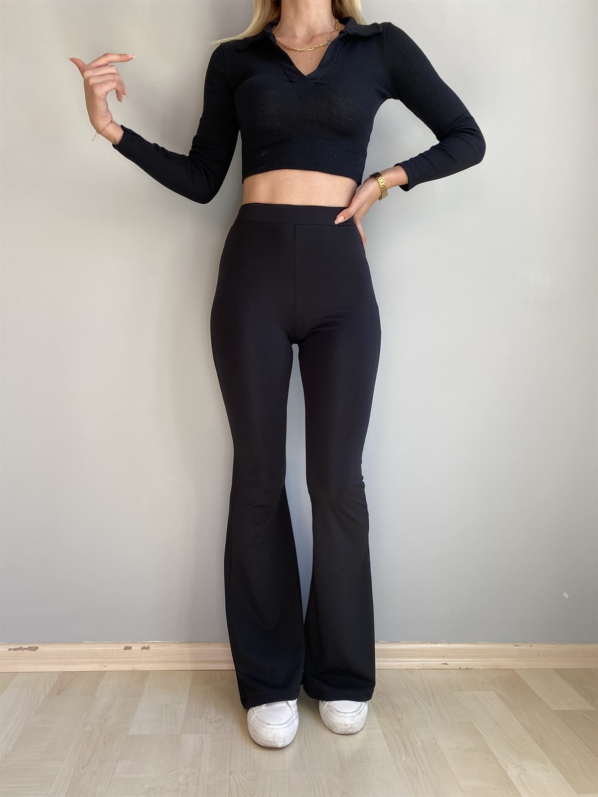 Kadın siyah ispanyol paça yüksek bel tayt pantolon